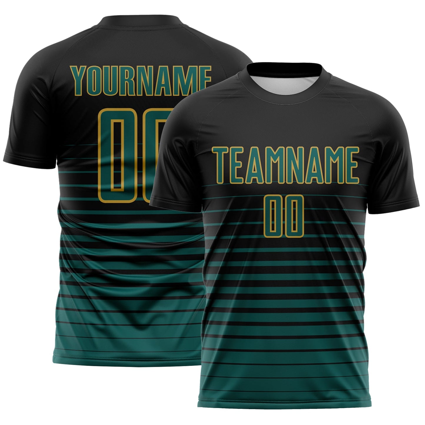 Custom Black Midnight Green-Old Gold Gradient Pinstripe Sublimation Soccer Uniform Jersey - Main View