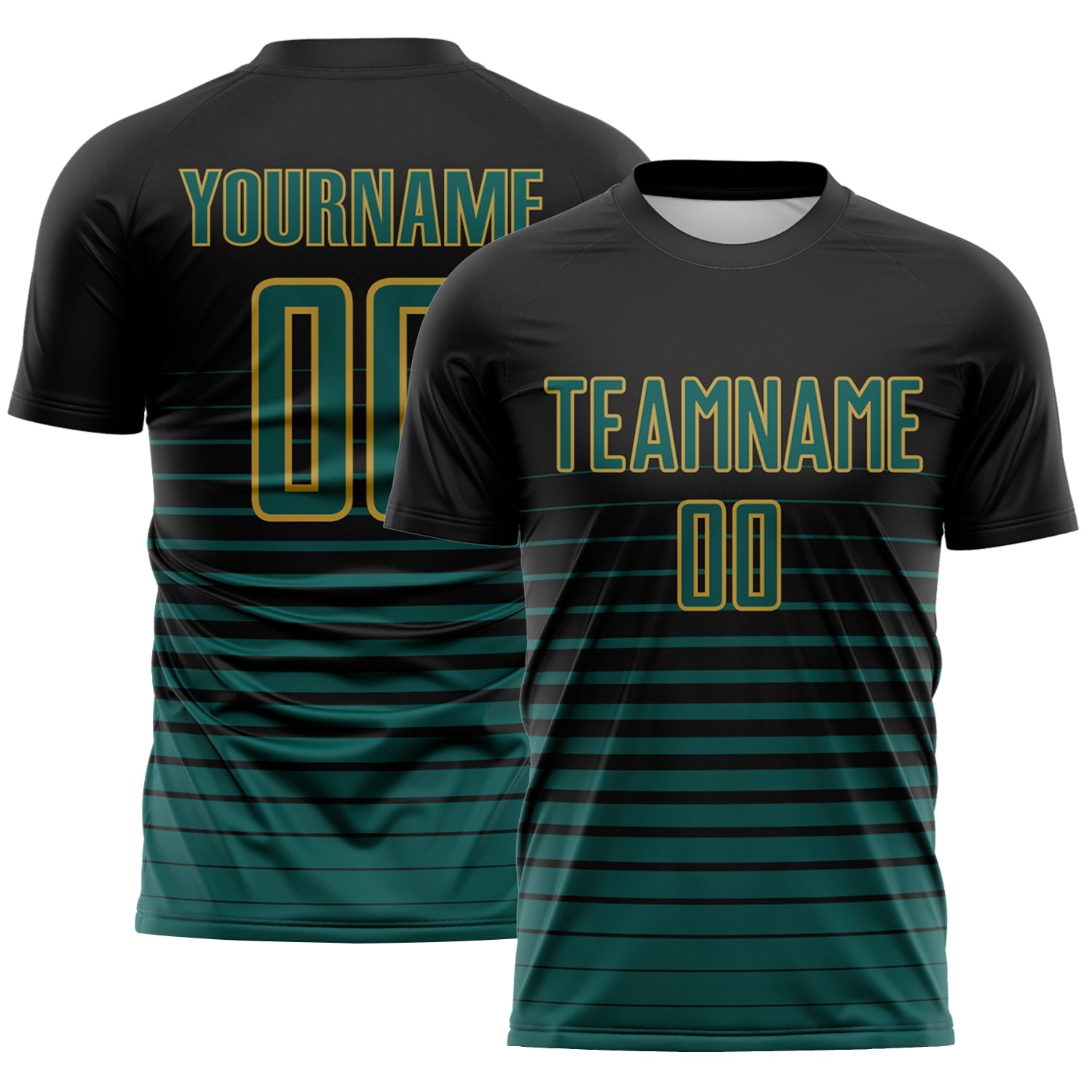 Custom Black Midnight Green-Old Gold Gradient Pinstripe Sublimation Soccer Uniform Jersey - Main View