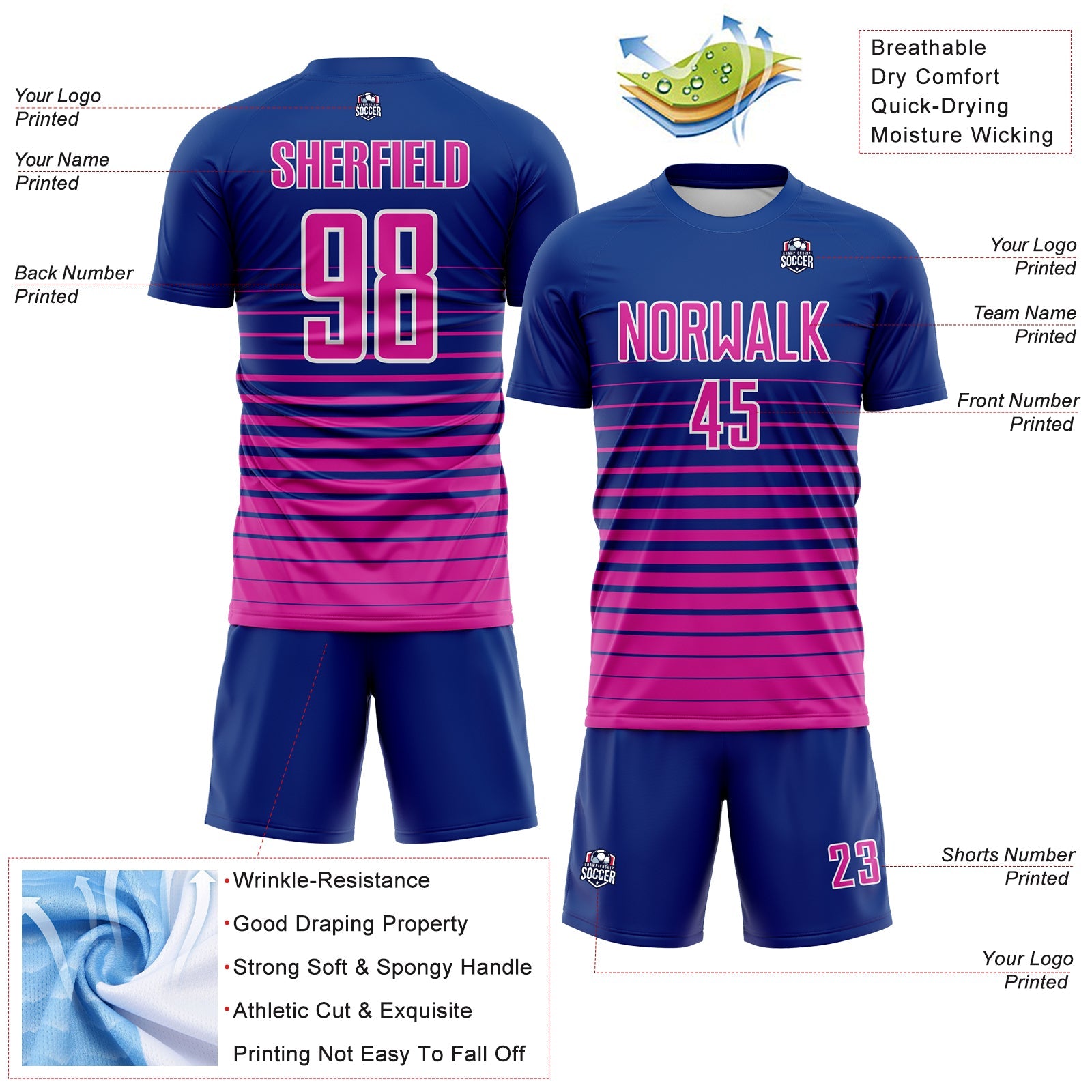 Custom Royal Deep Pink-White Gradient Pinstripe Sublimation Soccer Uniform Jersey view 4