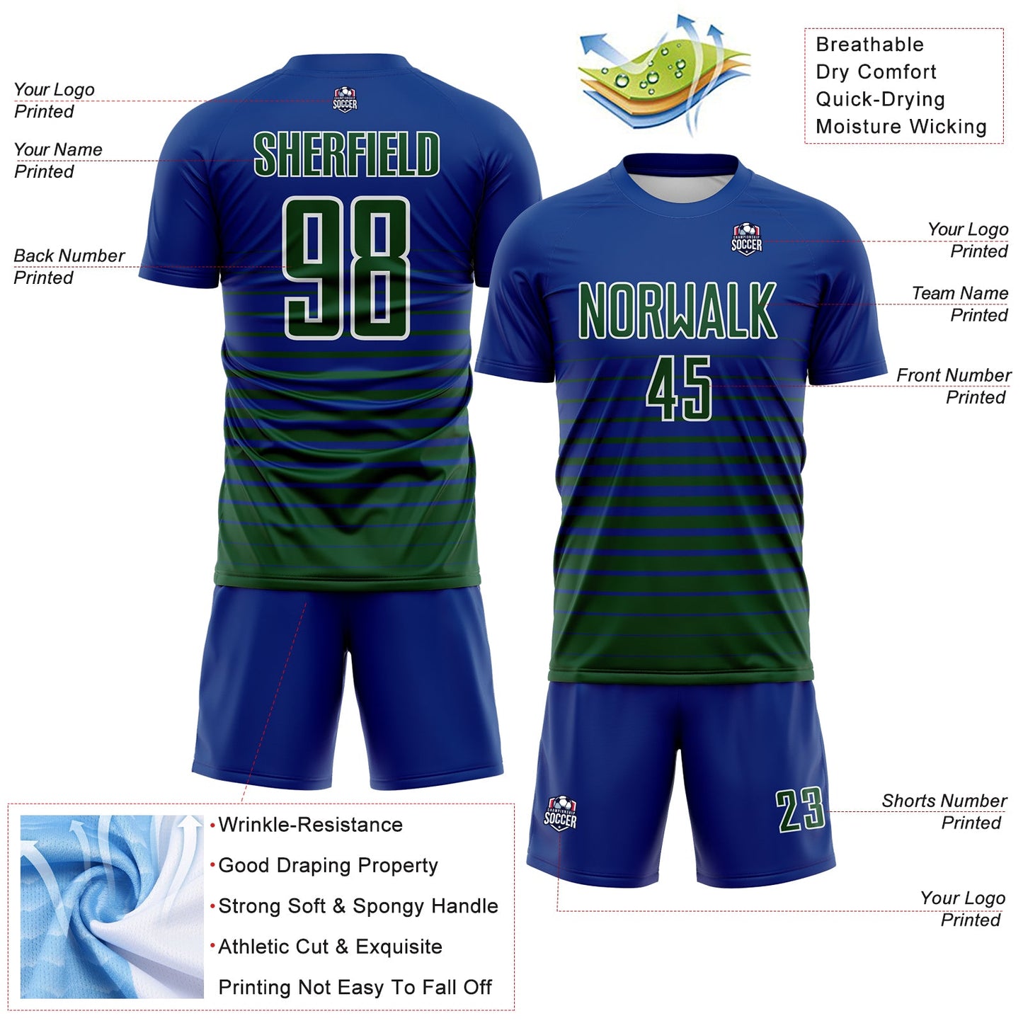 Custom Royal Green-White Gradient Pinstripe Sublimation Soccer Uniform Jersey view 4