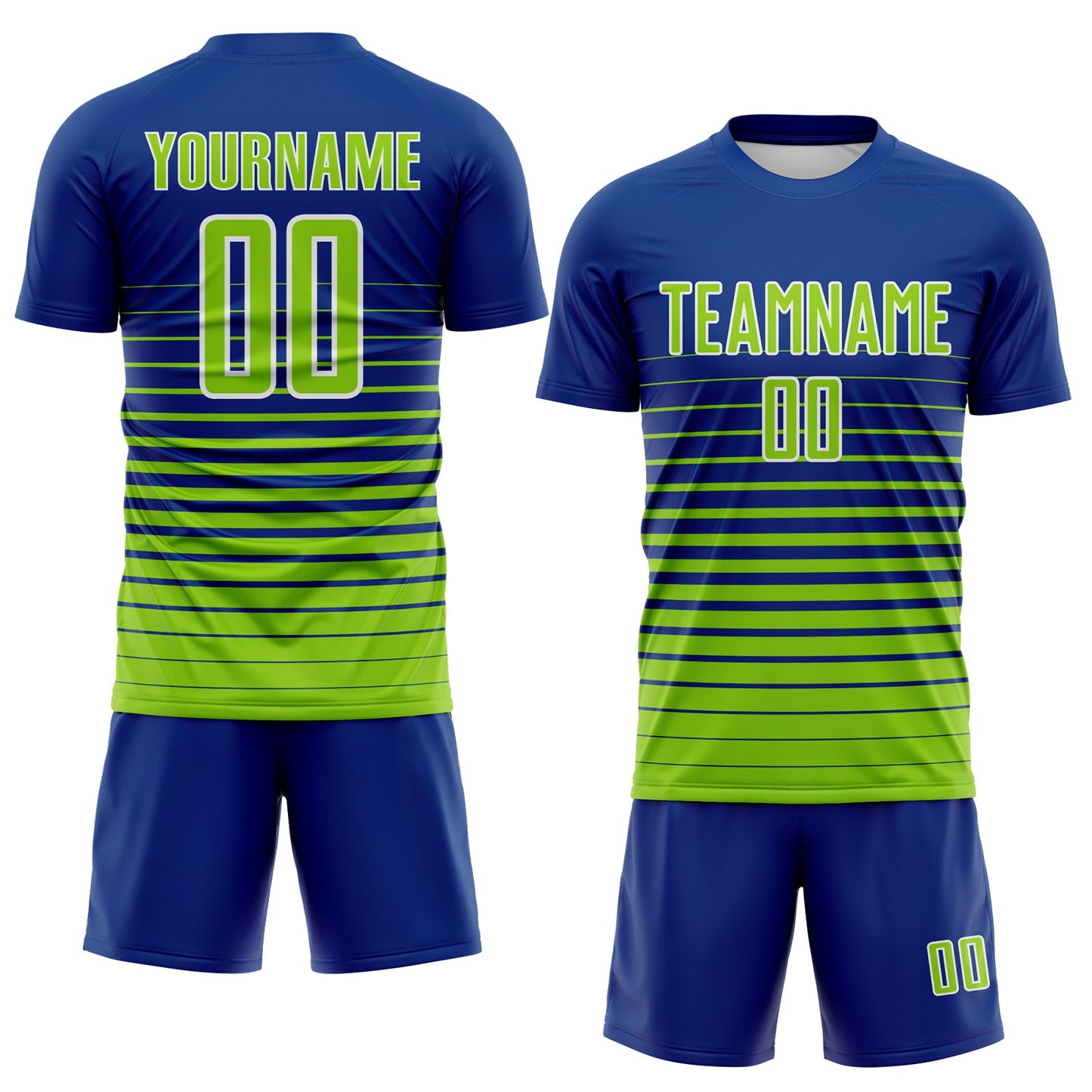 Custom Royal Neon Green-White Gradient Pinstripe Sublimation Soccer Uniform Jersey view 2