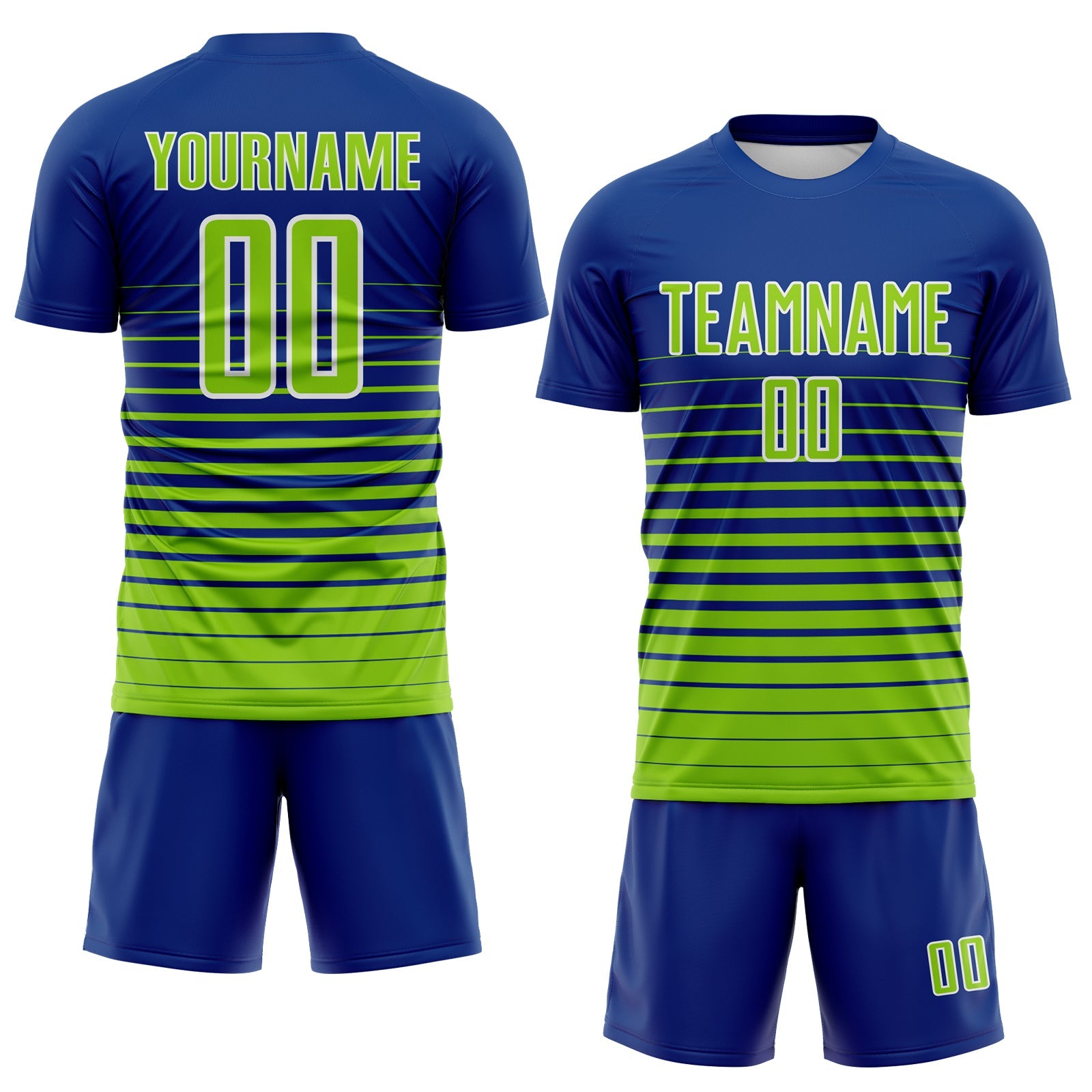 Custom Royal Neon Green-White Gradient Pinstripe Sublimation Soccer Uniform Jersey view 2
