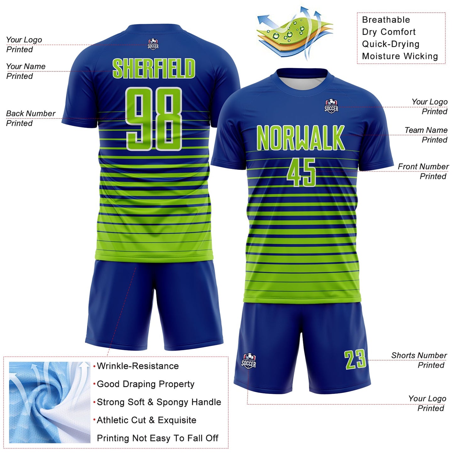 Custom Royal Neon Green-White Gradient Pinstripe Sublimation Soccer Uniform Jersey view 4
