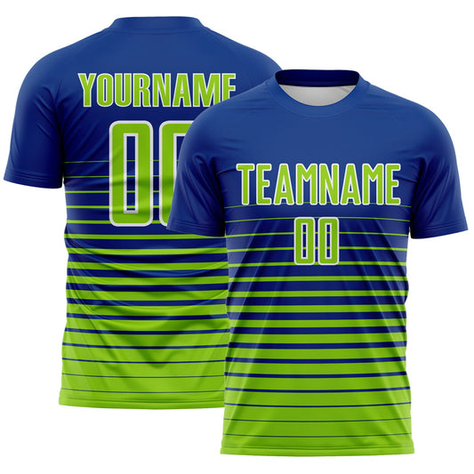 Custom Royal Neon Green-White Gradient Pinstripe Sublimation Soccer Uniform Jersey - Main View