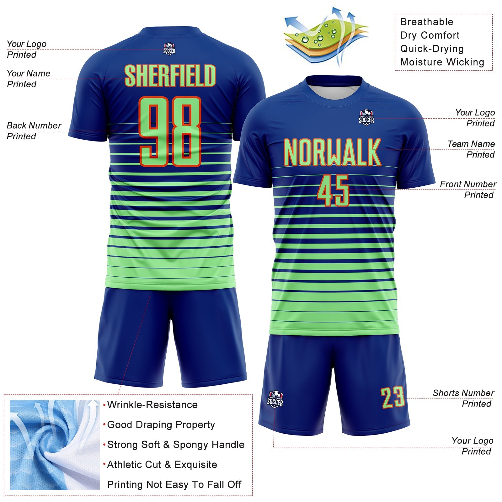 Custom Royal Pea Green-Orange Gradient Pinstripe Sublimation Soccer Uniform Jersey view 4