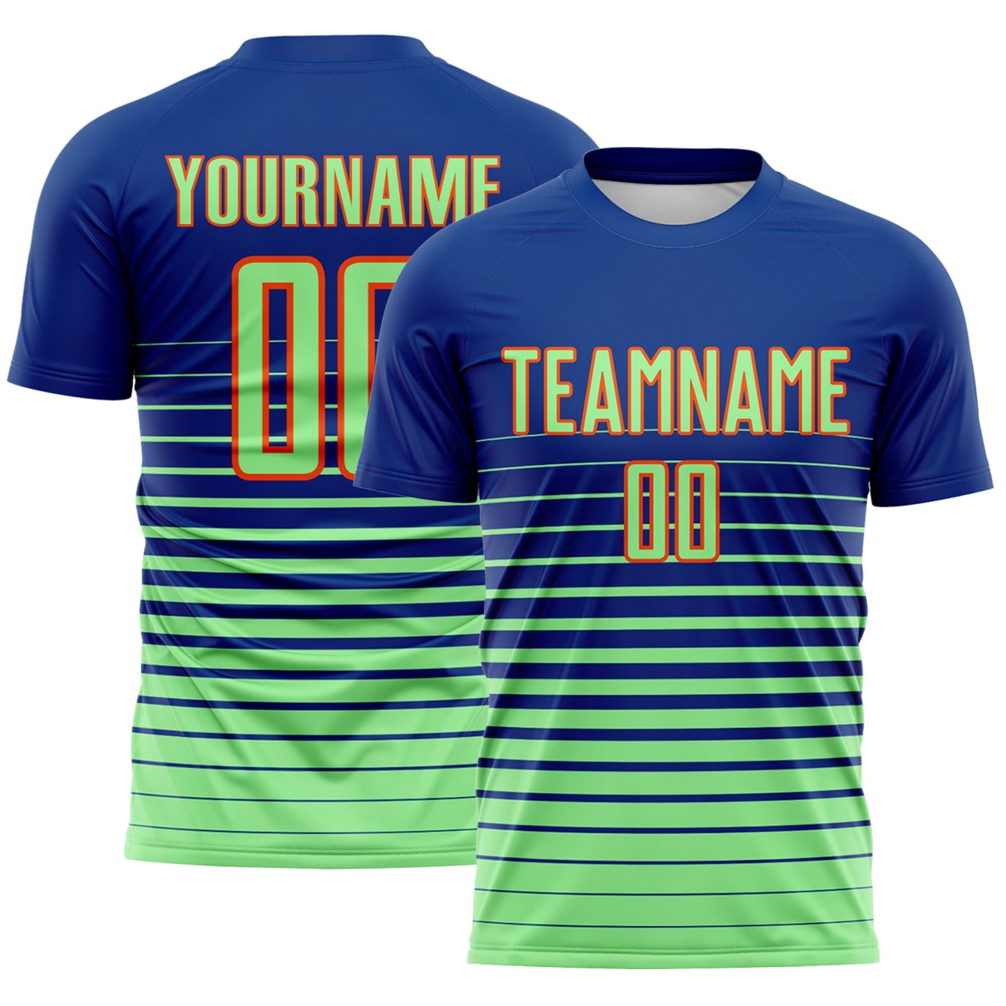 Custom Royal Pea Green-Orange Gradient Pinstripe Sublimation Soccer Uniform Jersey - Main View
