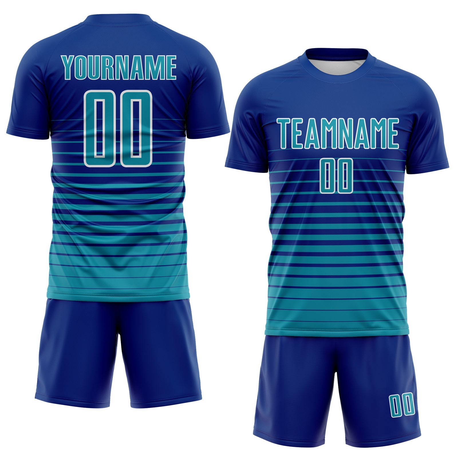 Custom Royal Teal-White Gradient Pinstripe Sublimation Soccer Uniform Jersey view 2