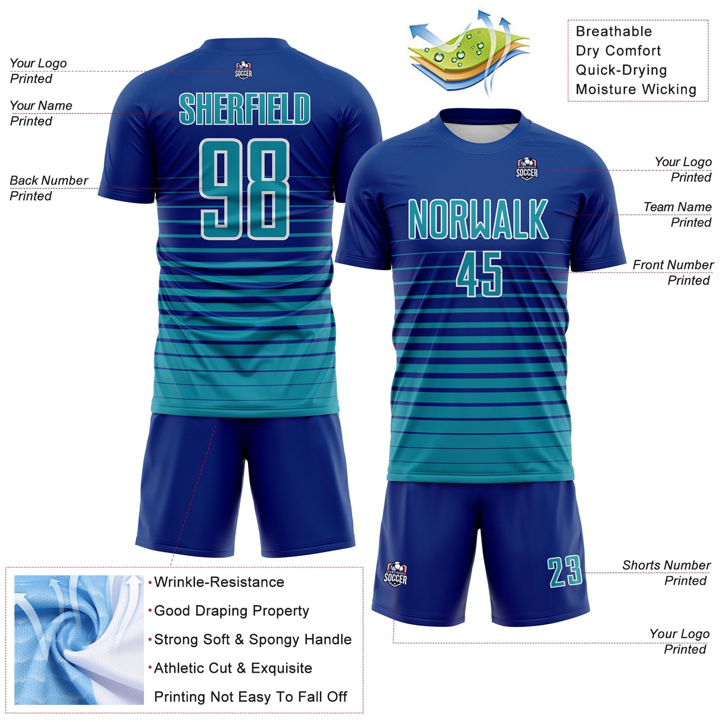 Custom Royal Teal-White Gradient Pinstripe Sublimation Soccer Uniform Jersey view 4