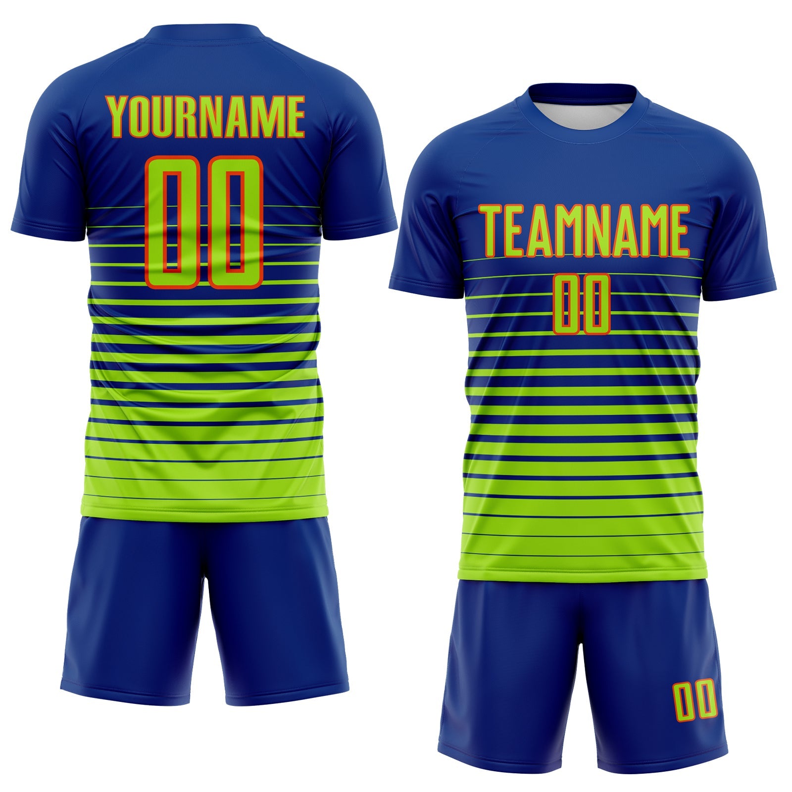 Custom Royal Neon Green-Orange Gradient Pinstripe Sublimation Soccer Uniform Jersey view 2