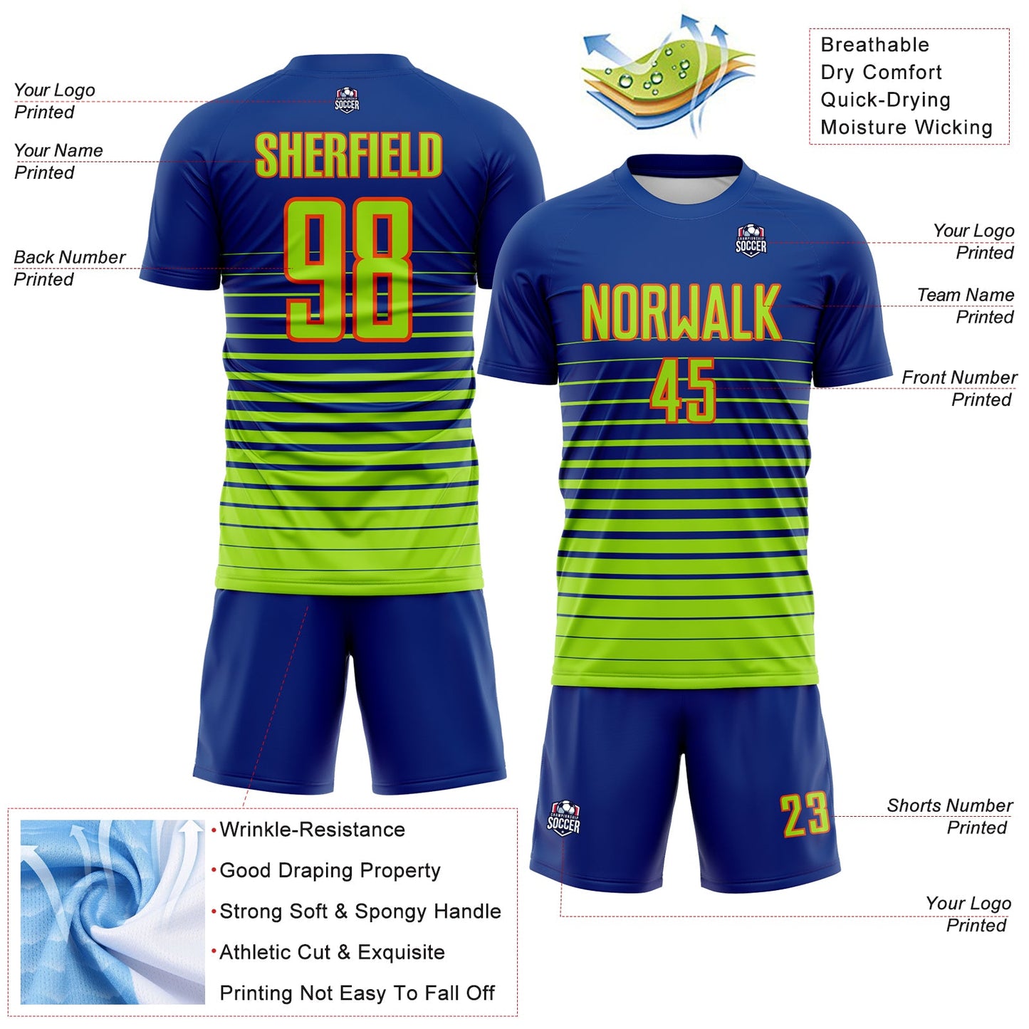 Custom Royal Neon Green-Orange Gradient Pinstripe Sublimation Soccer Uniform Jersey view 4
