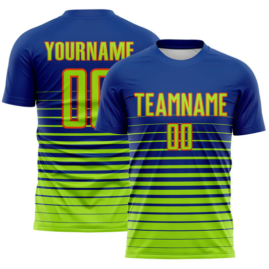 Custom Royal Neon Green-Orange Gradient Pinstripe Sublimation Soccer Uniform Jersey - Main View