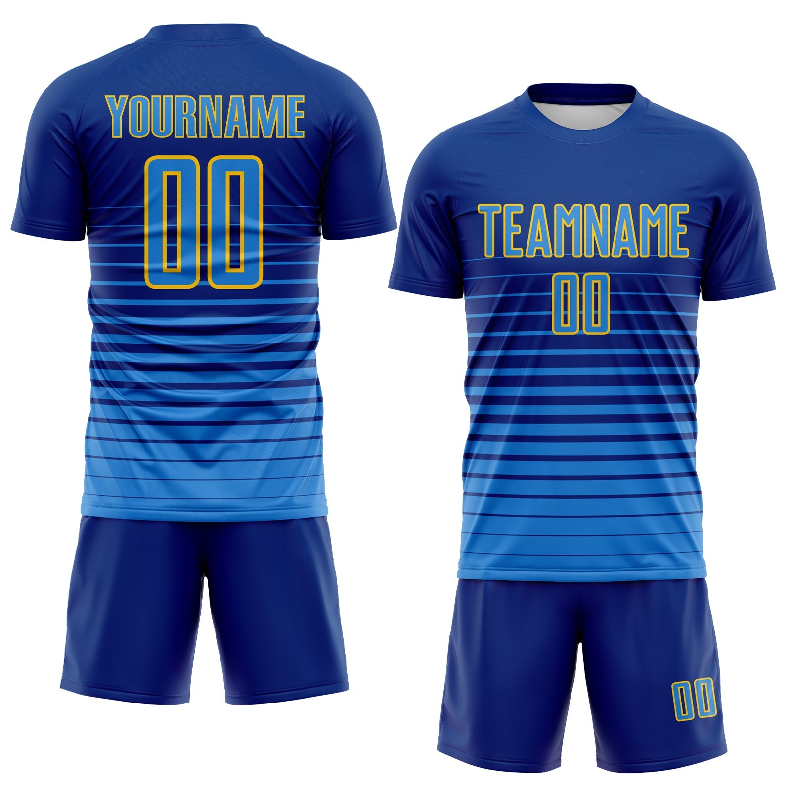 Custom Royal Powder Blue-Yellow Gradient Pinstripe Sublimation Soccer Uniform Jersey view 2