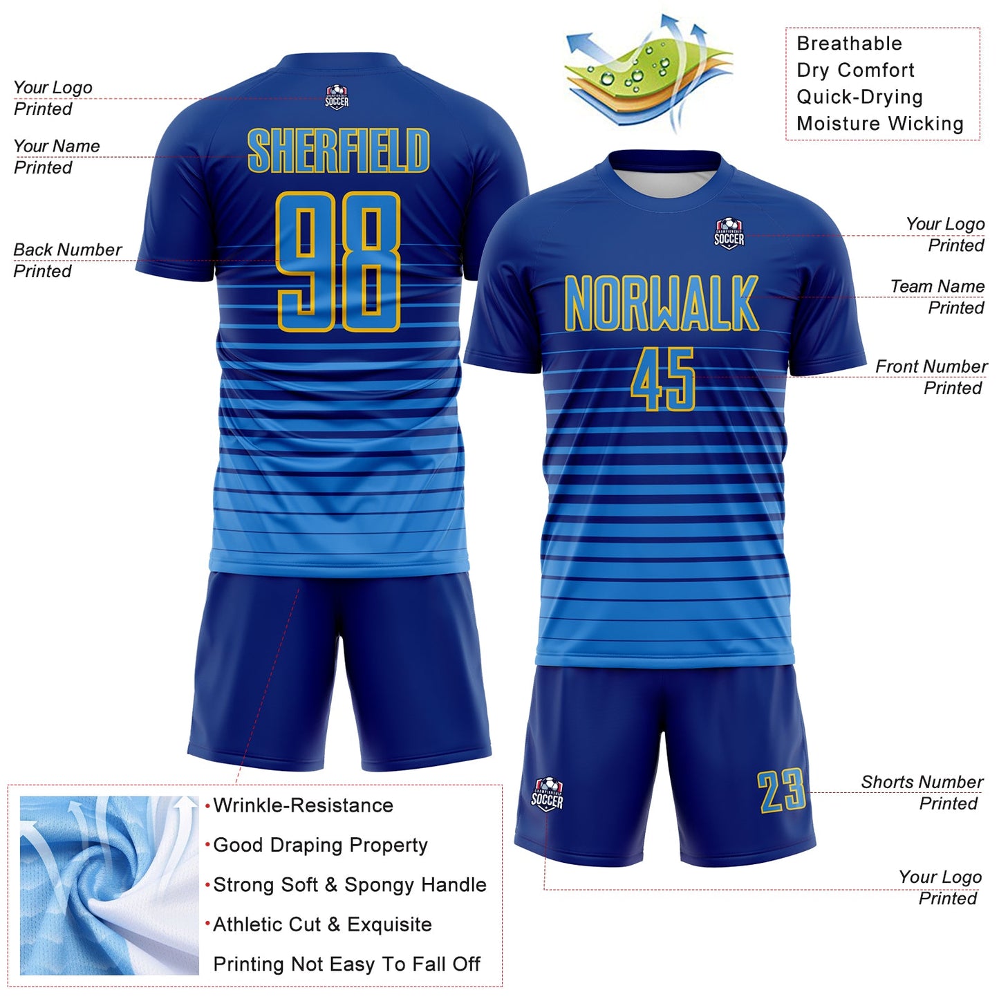 Custom Royal Powder Blue-Yellow Gradient Pinstripe Sublimation Soccer Uniform Jersey view 4