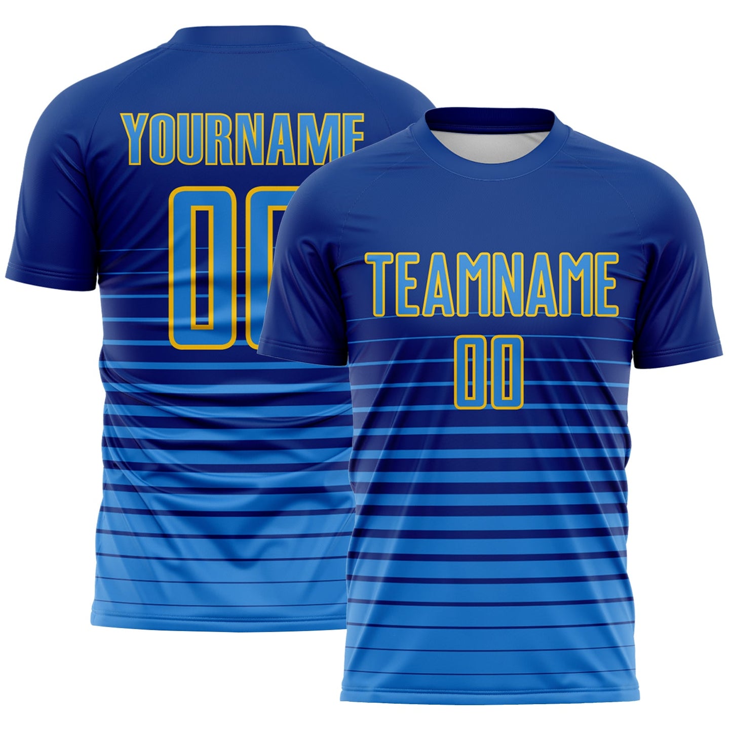 Custom Royal Powder Blue-Yellow Gradient Pinstripe Sublimation Soccer Uniform Jersey - Main View