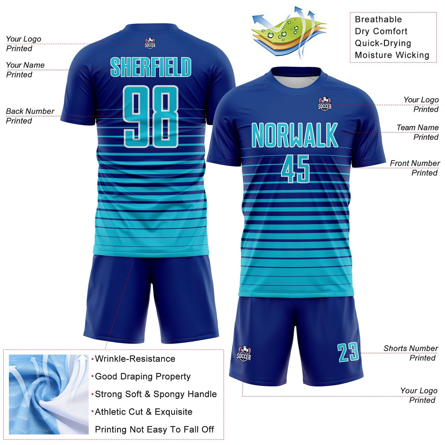 Custom Royal Lakes Blue-White Gradient Pinstripe Sublimation Soccer Uniform Jersey view 4