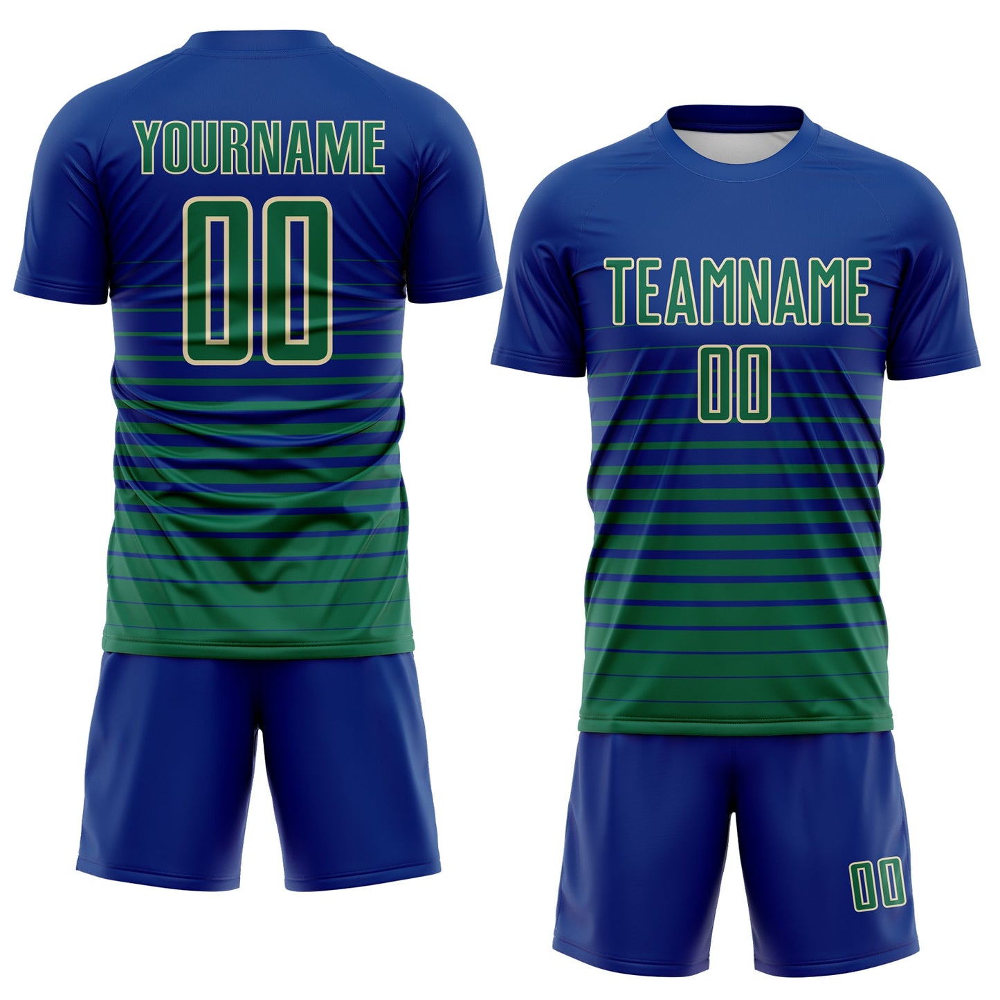 Custom Royal Kelly Green-Cream Gradient Pinstripe Sublimation Soccer Uniform Jersey view 2
