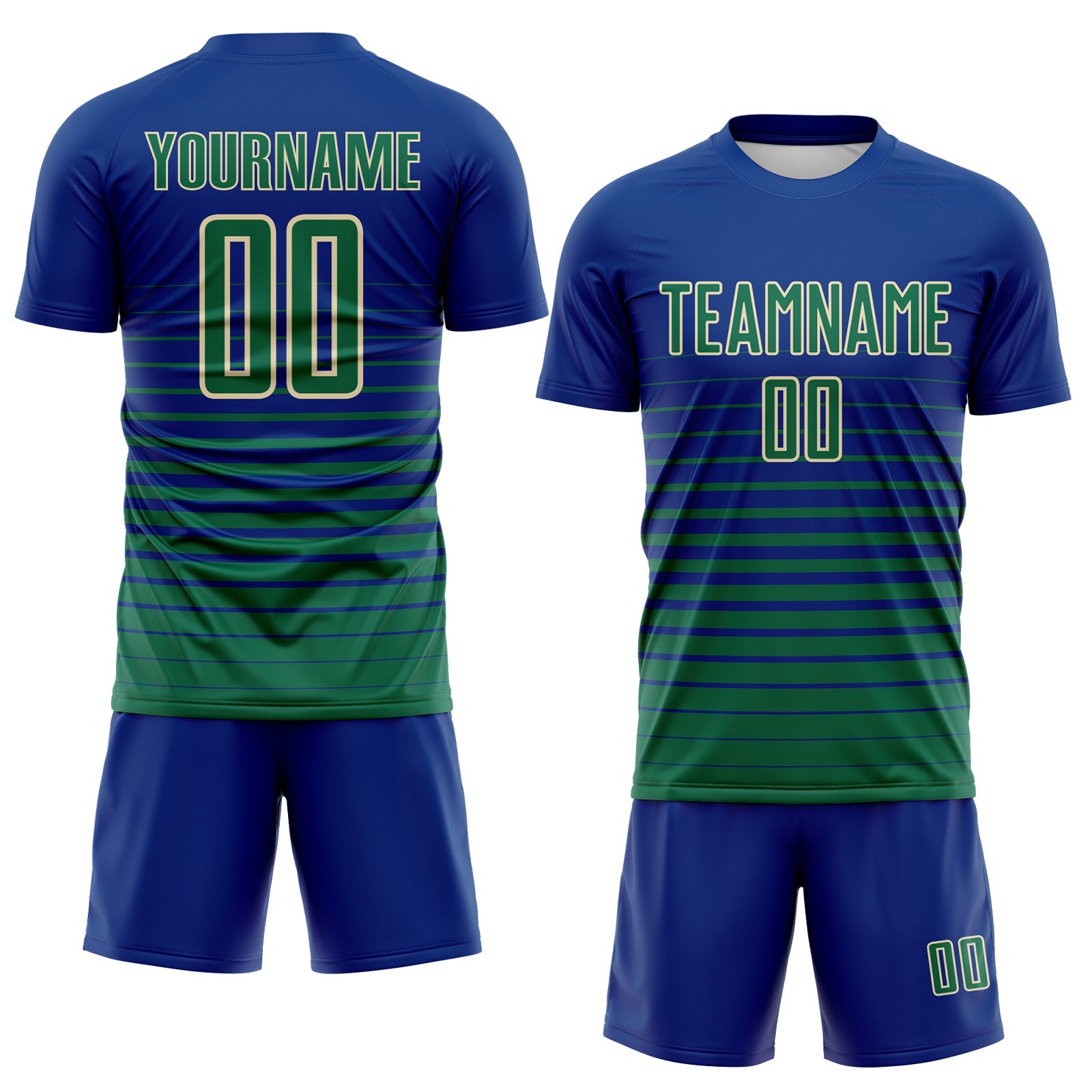 Custom Royal Kelly Green-Cream Gradient Pinstripe Sublimation Soccer Uniform Jersey view 2