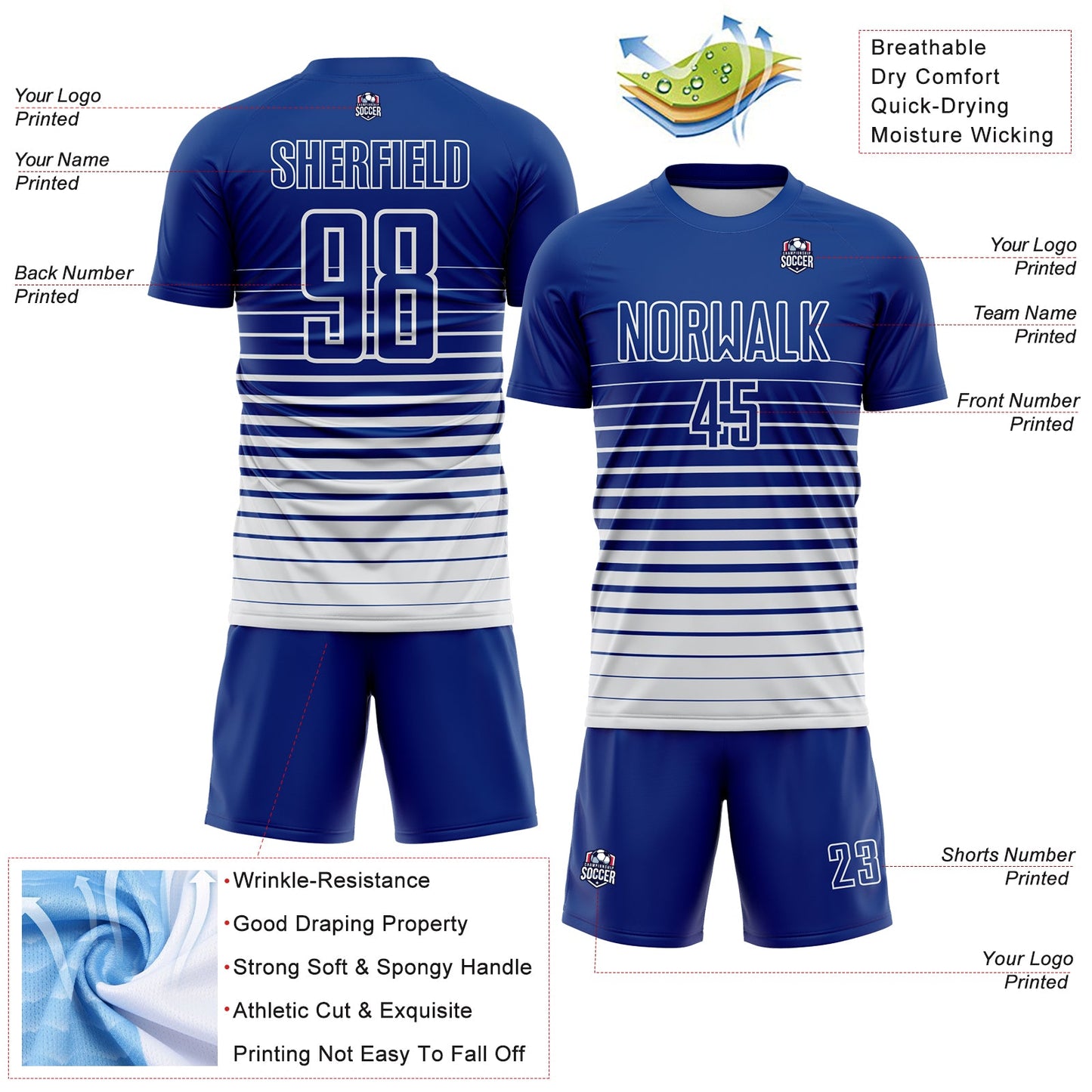 Custom Royal White Gradient Pinstripe Sublimation Soccer Uniform Jersey view 4