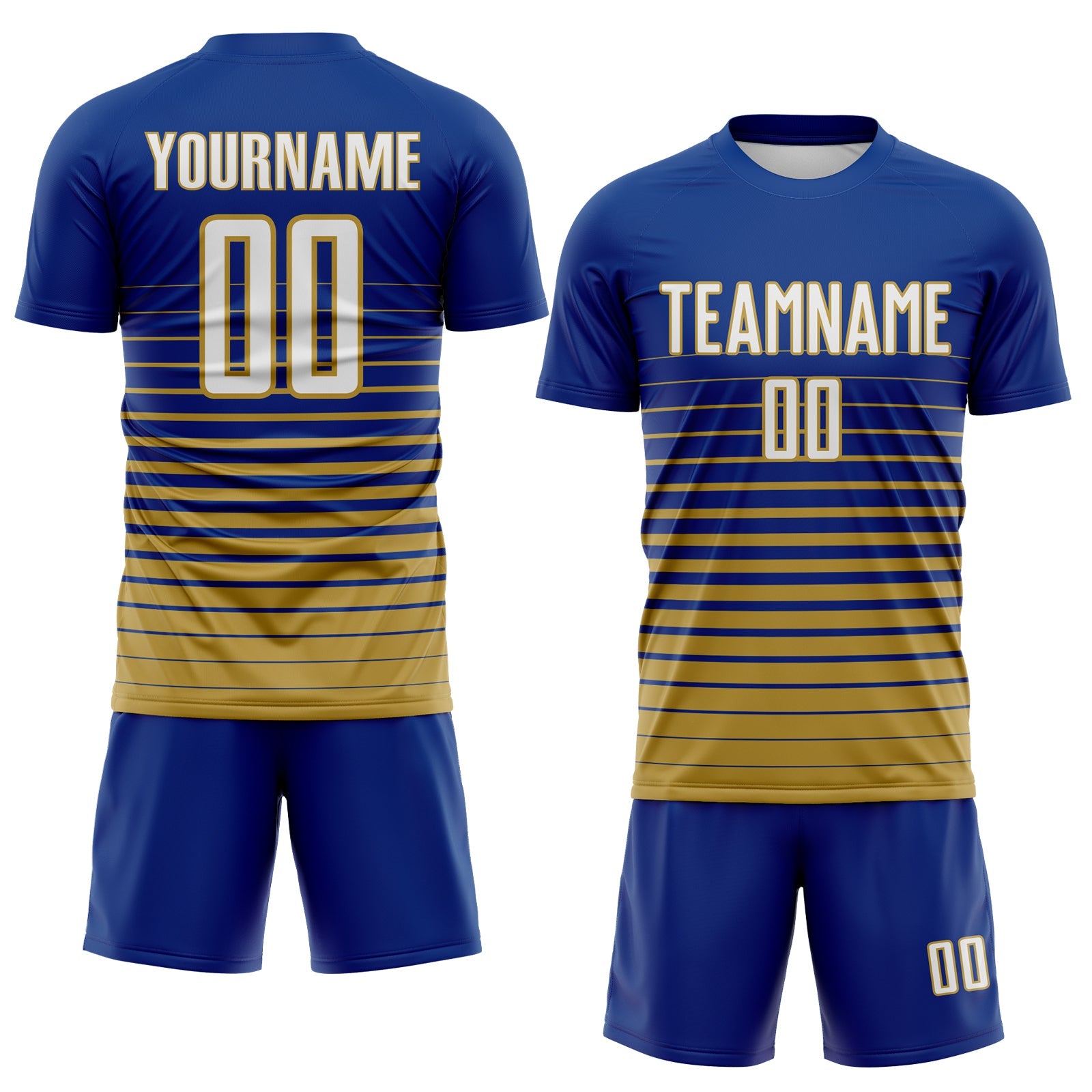 Custom Royal White-Old Gold Gradient Pinstripe Sublimation Soccer Uniform Jersey view 2