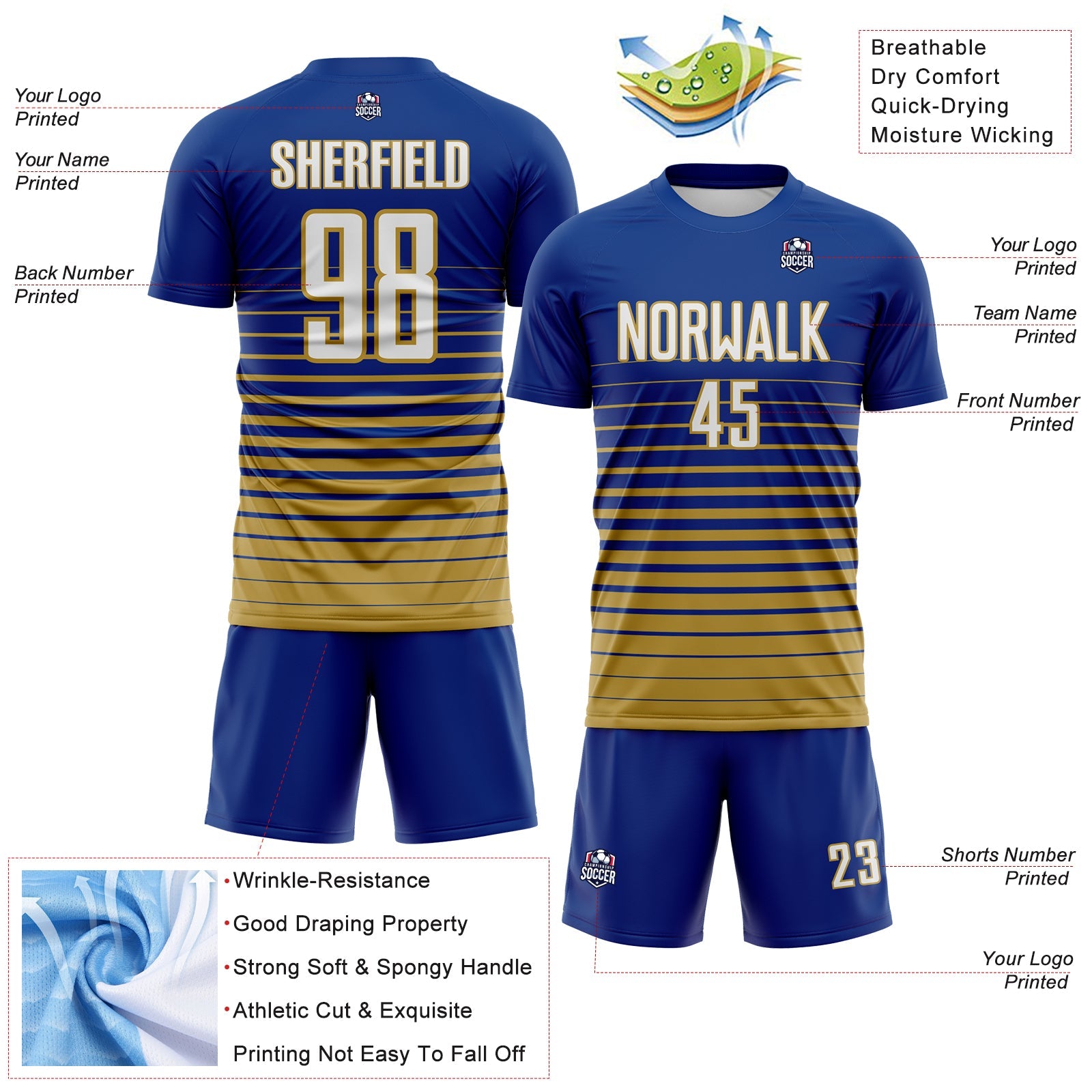 Custom Royal White-Old Gold Gradient Pinstripe Sublimation Soccer Uniform Jersey view 4