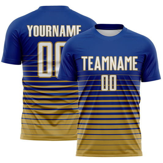 Custom Royal White-Old Gold Gradient Pinstripe Sublimation Soccer Uniform Jersey - Main View