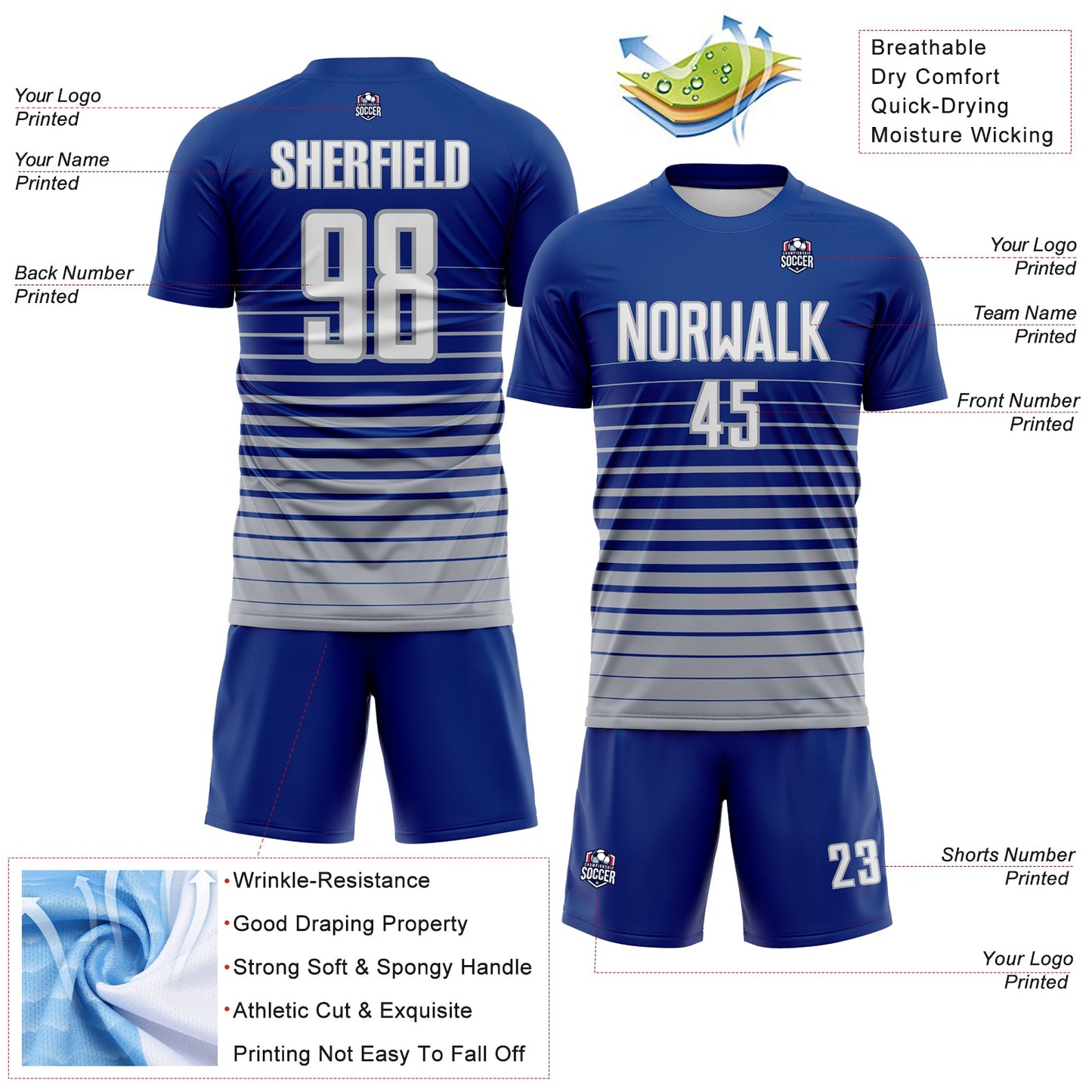 Custom Royal White-Gray Gradient Pinstripe Sublimation Soccer Uniform Jersey view 4