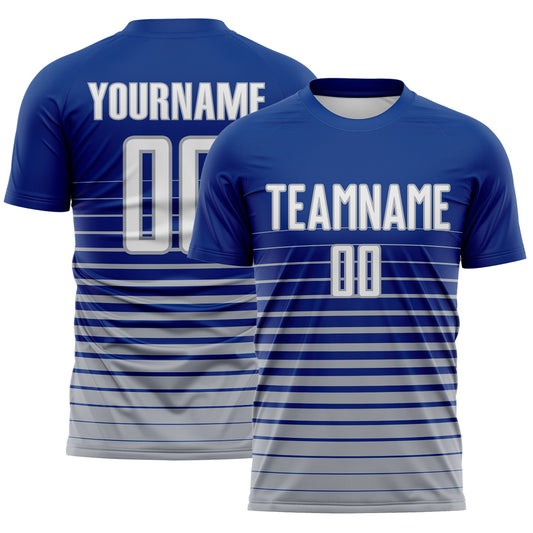 Custom Royal White-Gray Gradient Pinstripe Sublimation Soccer Uniform Jersey - Main View