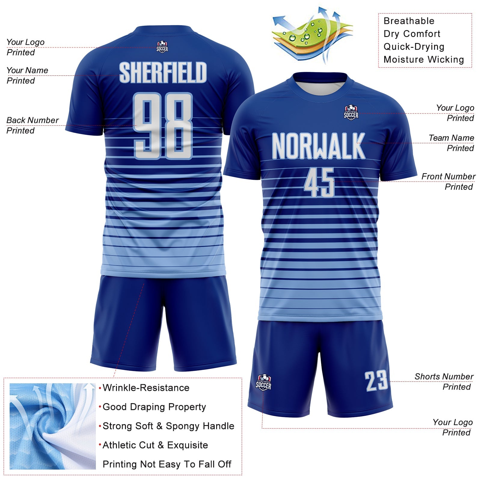 Custom Royal White-Light Blue Gradient Pinstripe Sublimation Soccer Uniform Jersey view 4