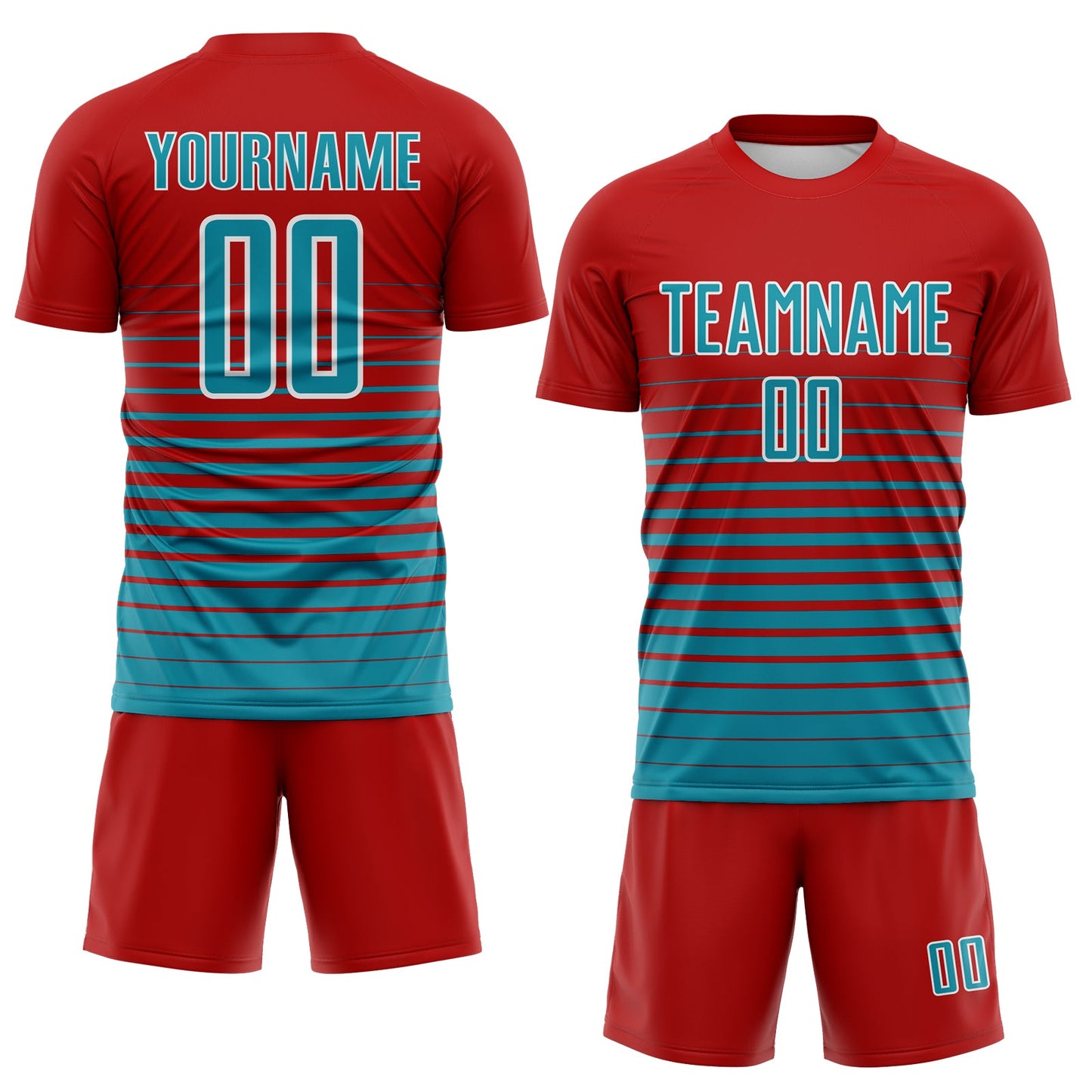 Custom Red Teal-White Gradient Pinstripe Sublimation Soccer Uniform Jersey view 2