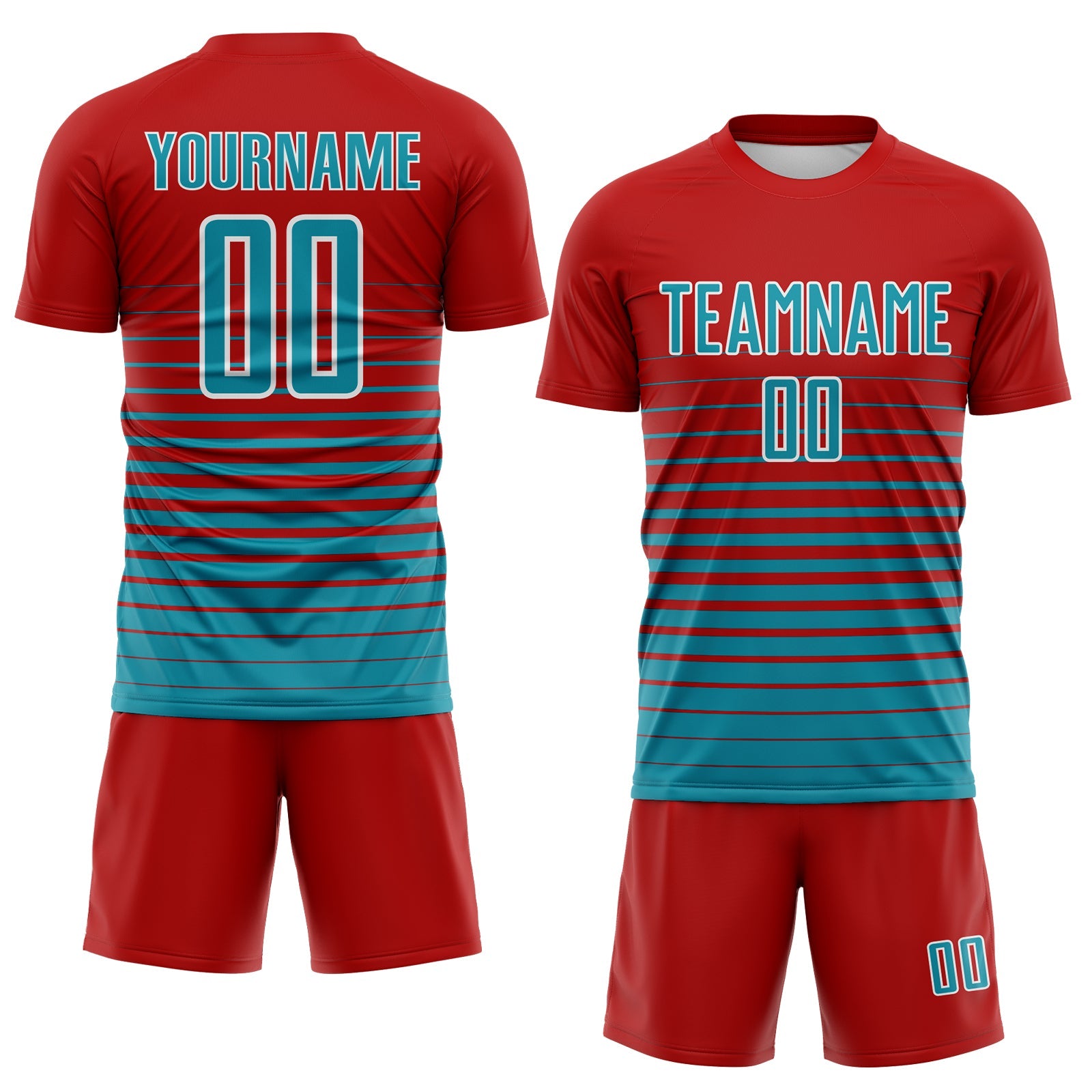 Custom Red Teal-White Gradient Pinstripe Sublimation Soccer Uniform Jersey view 2