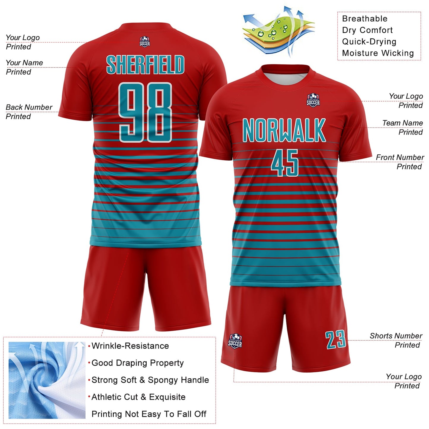 Custom Red Teal-White Gradient Pinstripe Sublimation Soccer Uniform Jersey view 4