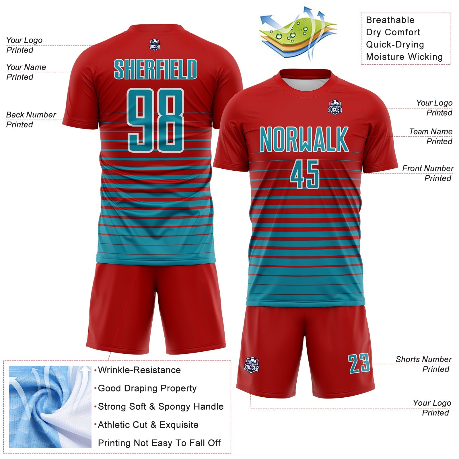 Custom Red Teal-White Gradient Pinstripe Sublimation Soccer Uniform Jersey view 4