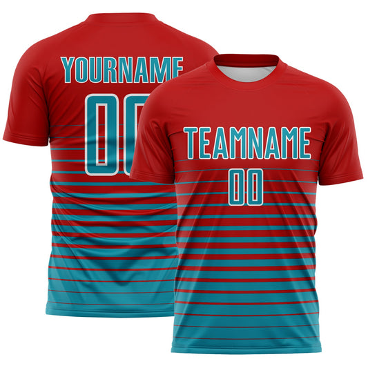 Custom Red Teal-White Gradient Pinstripe Sublimation Soccer Uniform Jersey - Main View