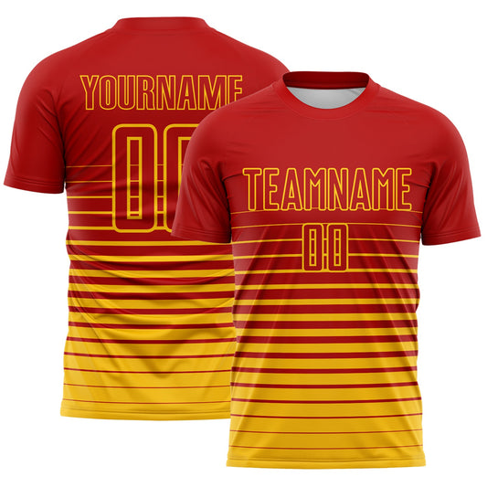 Custom Red Yellow Gradient Pinstripe Sublimation Soccer Uniform Jersey - Main View