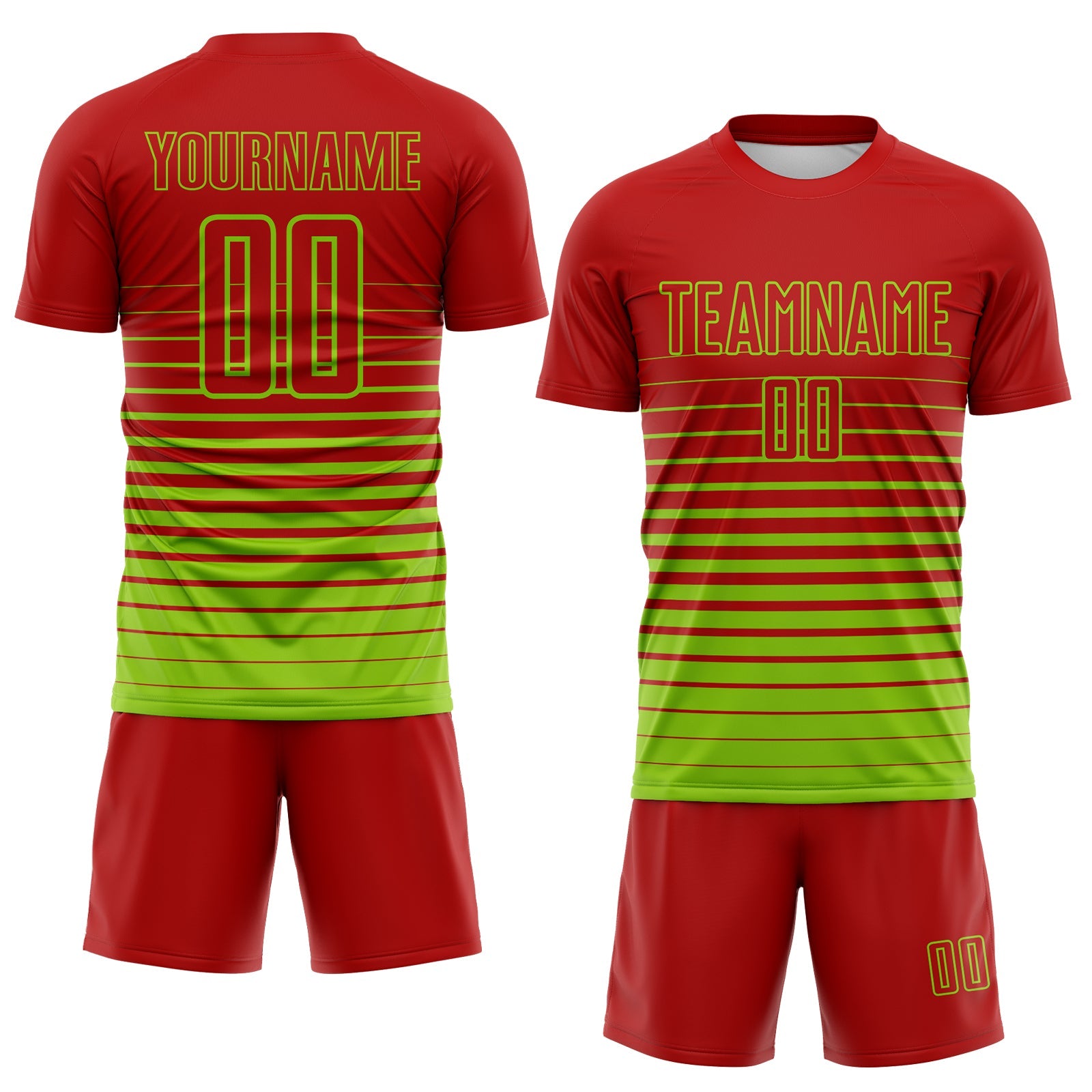 Custom Red Neon Green Gradient Pinstripe Sublimation Soccer Uniform Jersey view 2