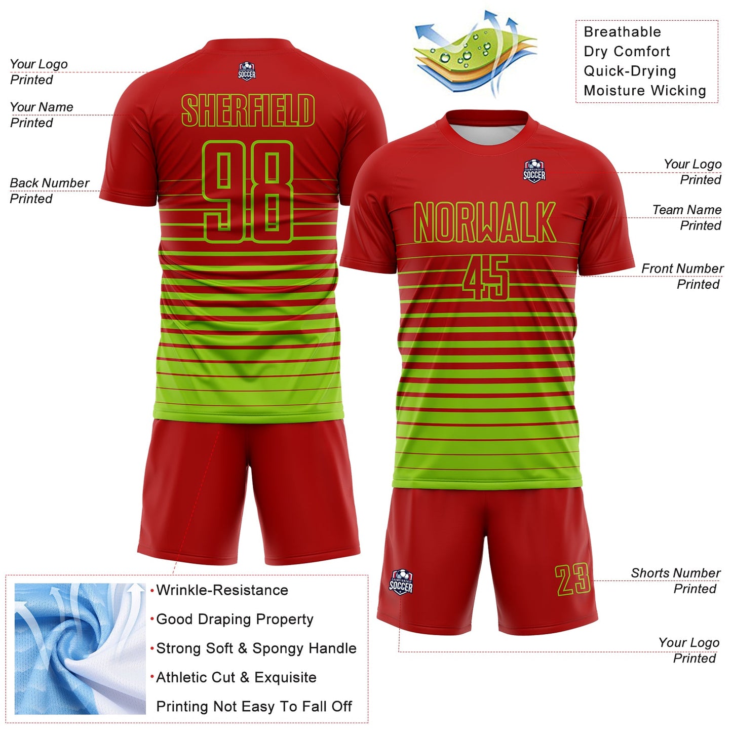 Custom Red Neon Green Gradient Pinstripe Sublimation Soccer Uniform Jersey view 4