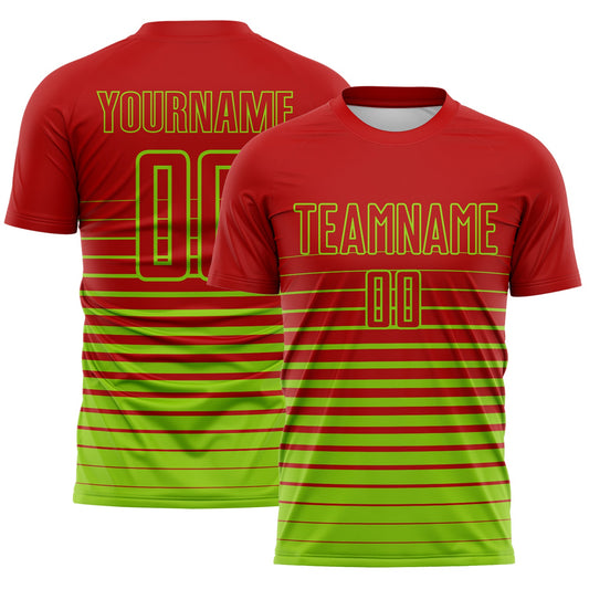 Custom Red Neon Green Gradient Pinstripe Sublimation Soccer Uniform Jersey - Main View
