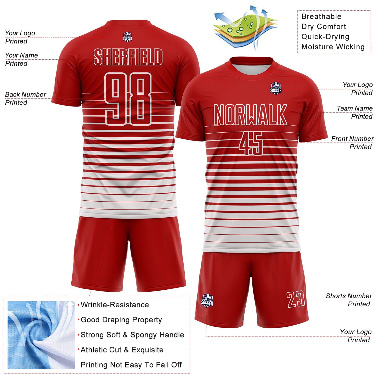 Custom Red White Gradient Pinstripe Sublimation Soccer Uniform Jersey view 4