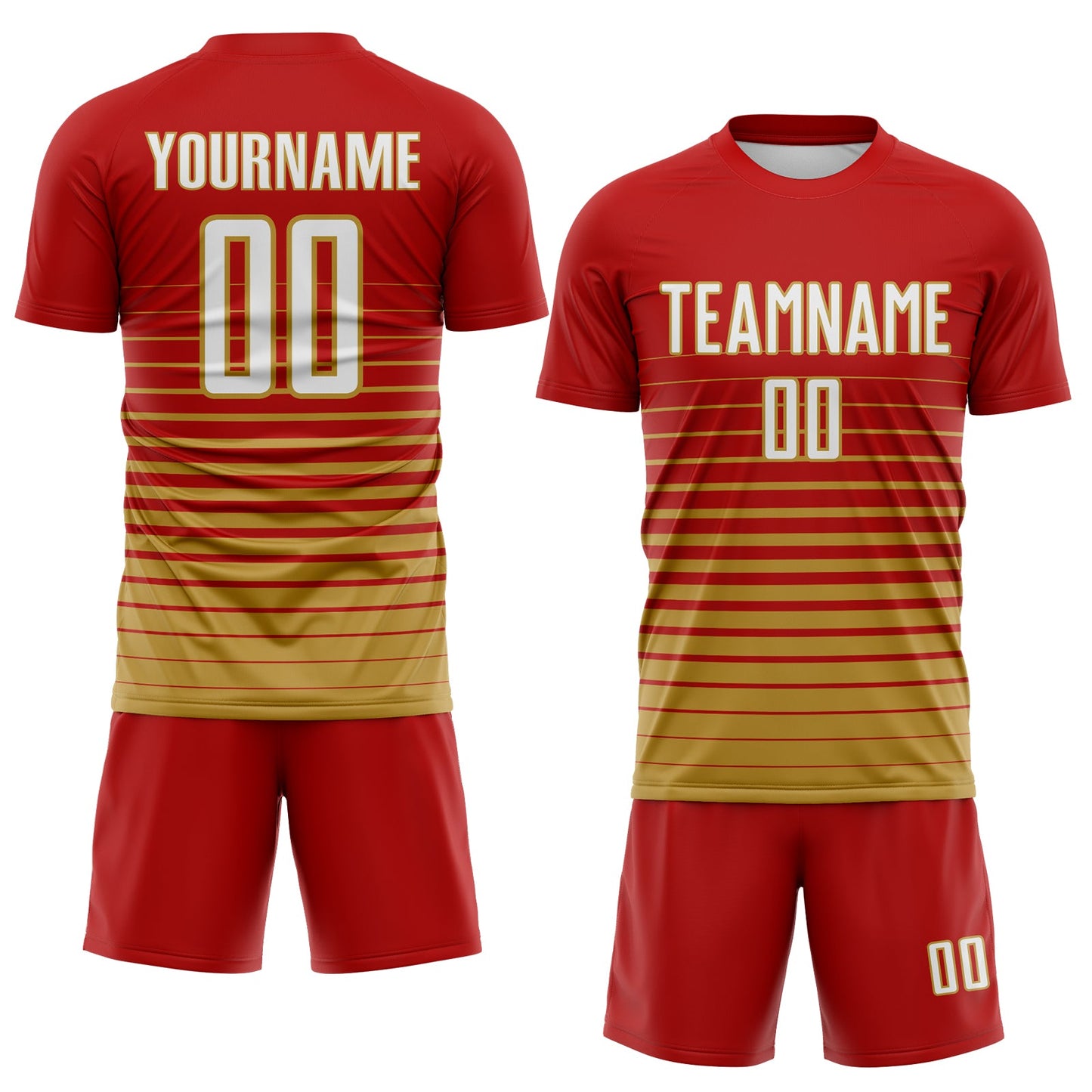 Custom Red White-Old Gold Gradient Pinstripe Sublimation Soccer Uniform Jersey view 2