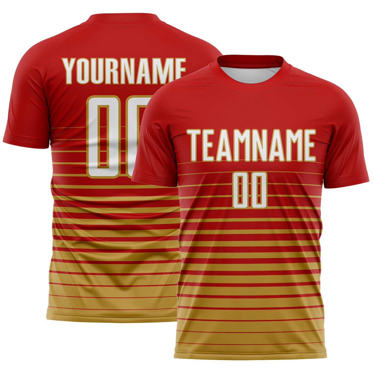 Custom Red White-Old Gold Gradient Pinstripe Sublimation Soccer Uniform Jersey - Main View