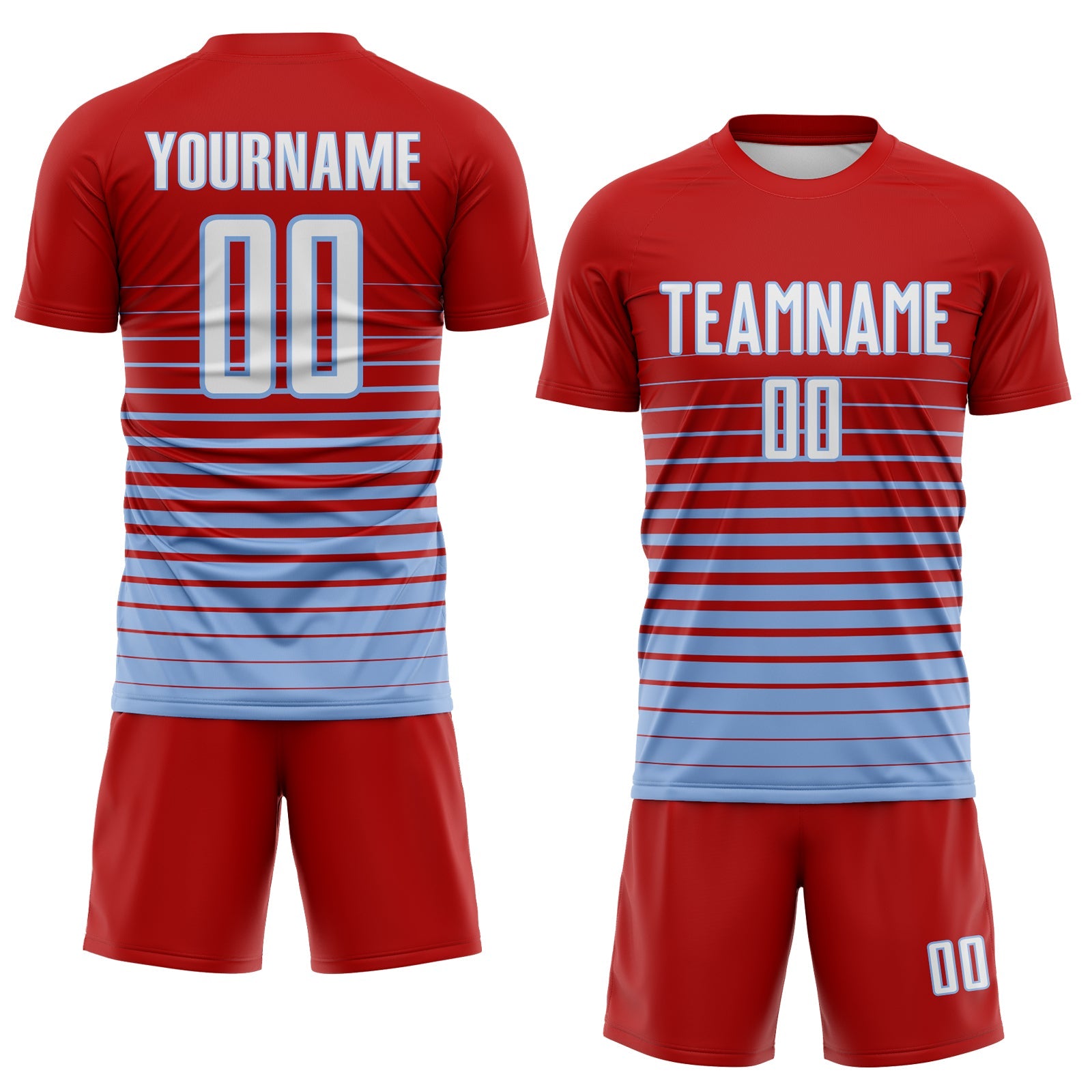 Custom Red White-Light Blue Gradient Pinstripe Sublimation Soccer Uniform Jersey view 2