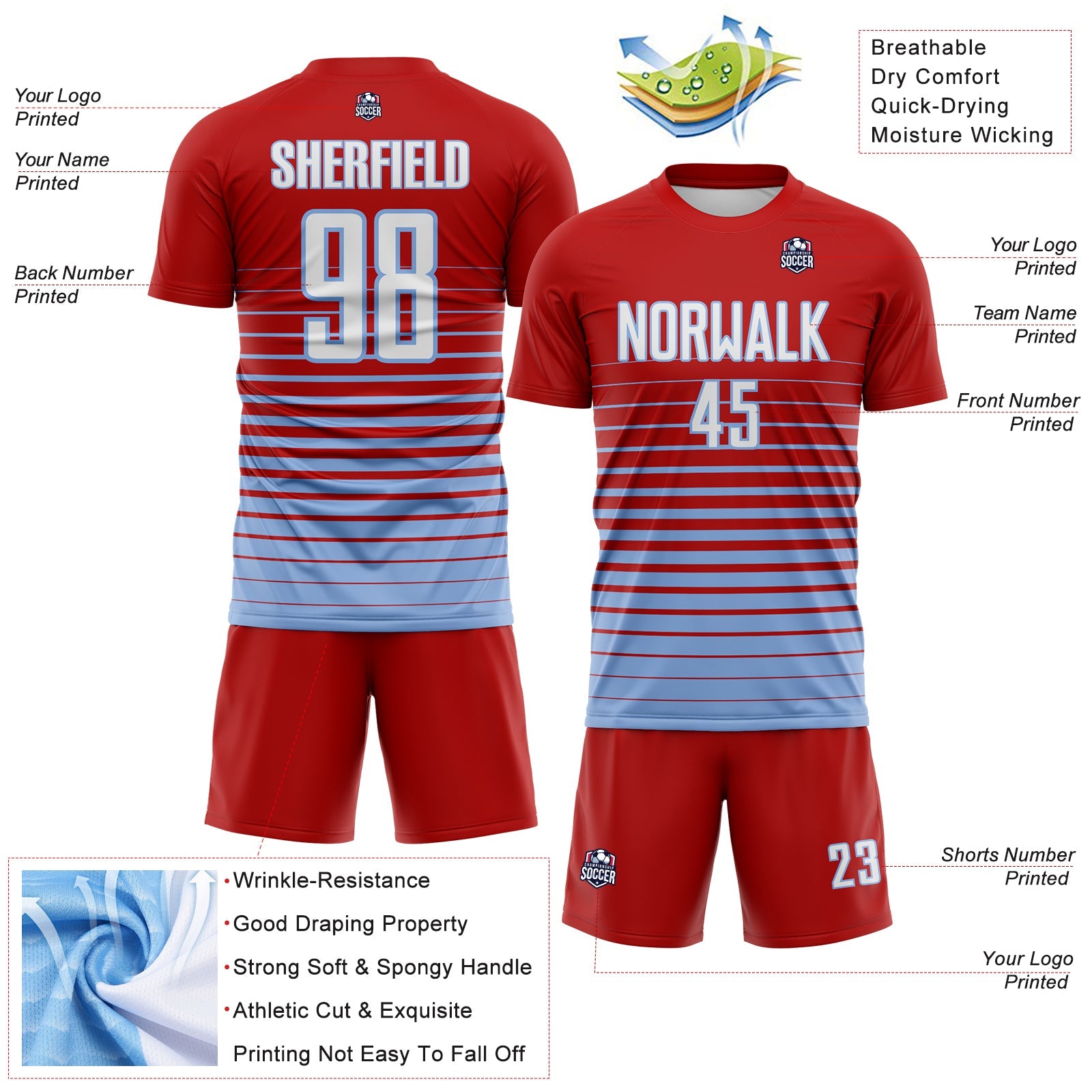 Custom Red White-Light Blue Gradient Pinstripe Sublimation Soccer Uniform Jersey view 4