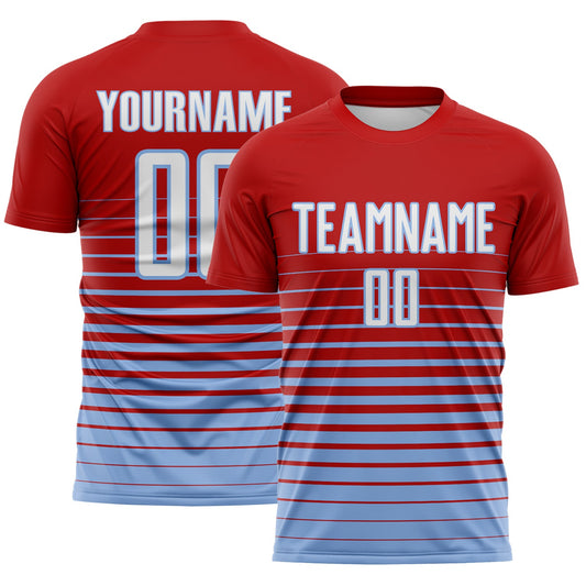 Custom Red White-Light Blue Gradient Pinstripe Sublimation Soccer Uniform Jersey - Main View