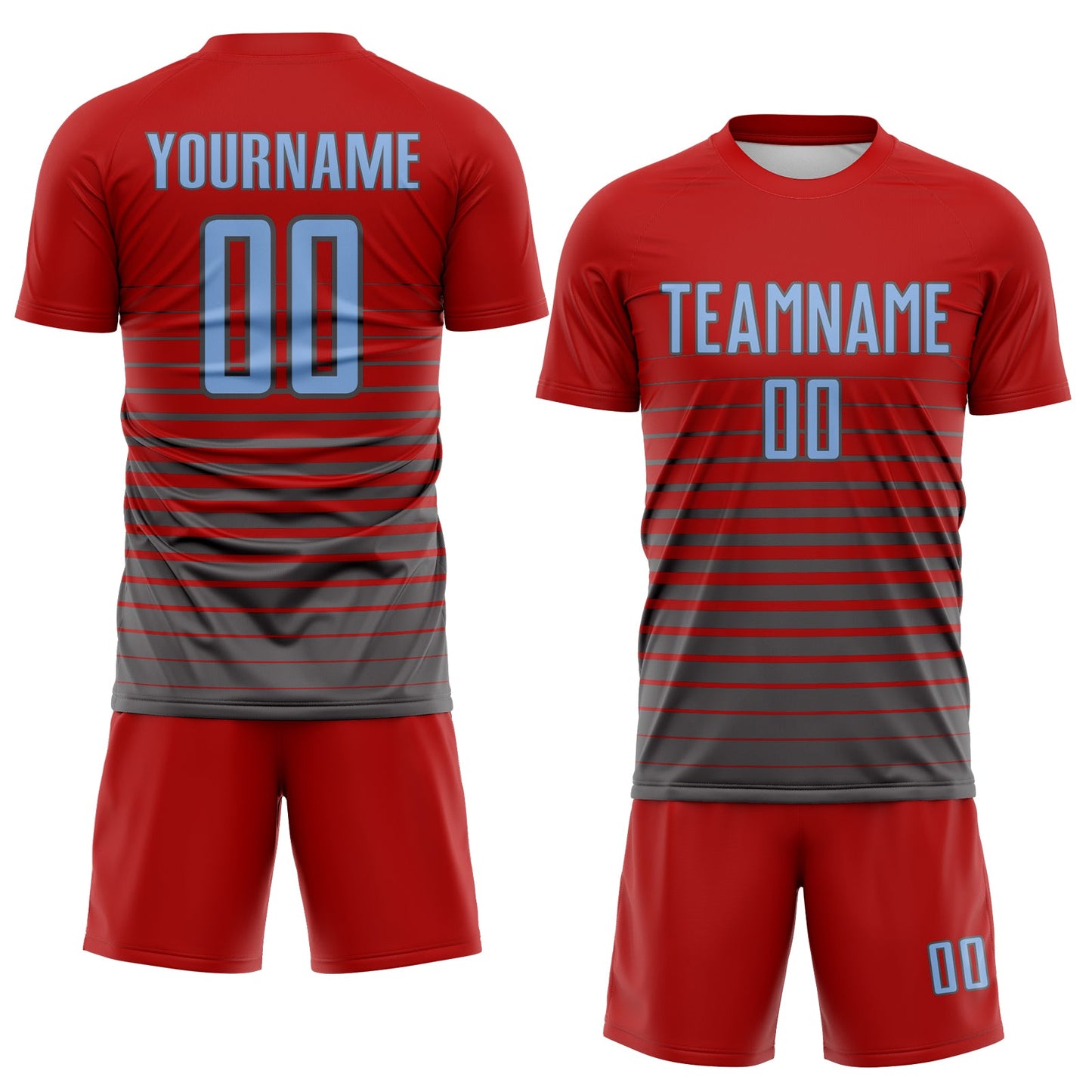 Custom Red Light Blue-Steel Gray Gradient Pinstripe Sublimation Soccer Uniform Jersey view 2