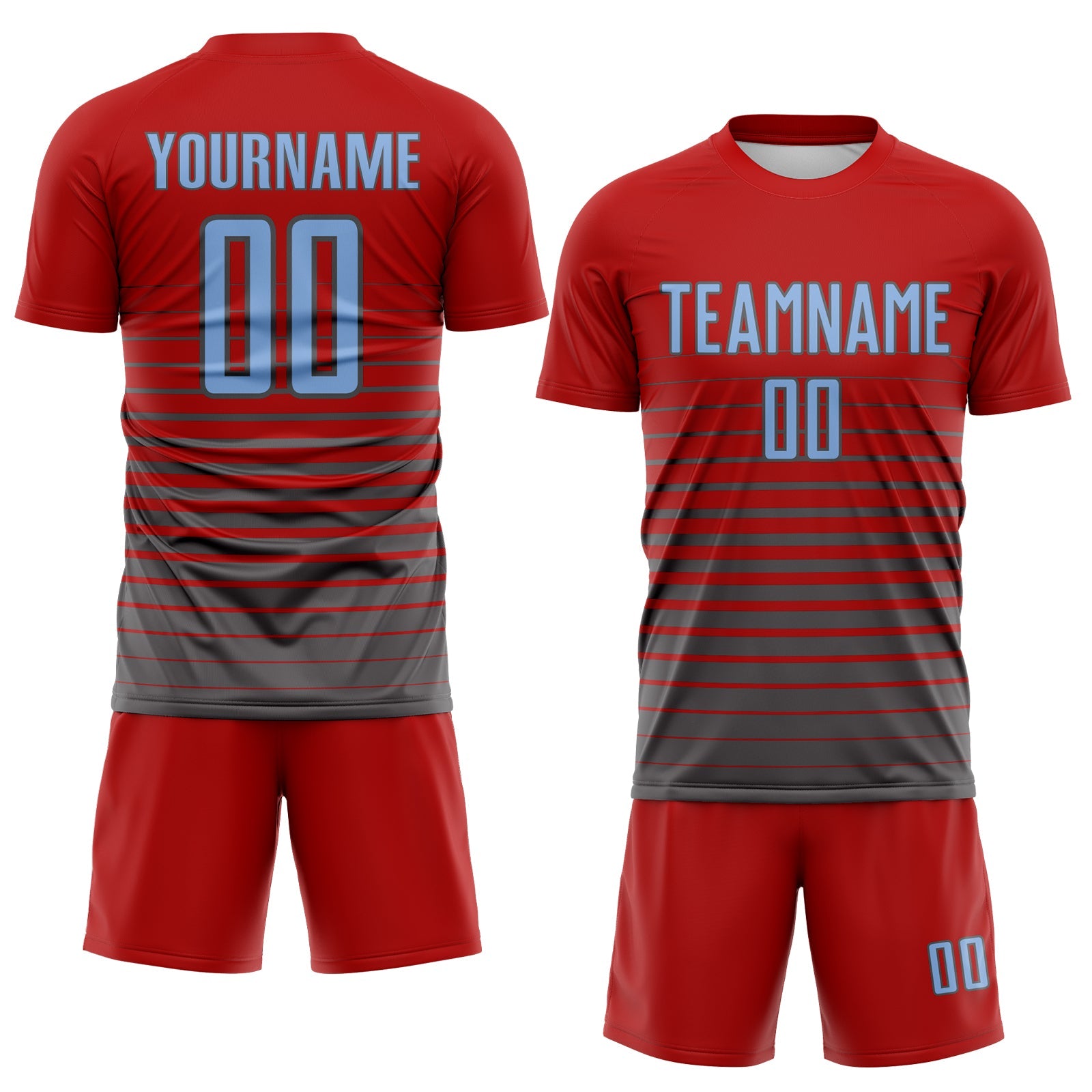 Custom Red Light Blue-Steel Gray Gradient Pinstripe Sublimation Soccer Uniform Jersey view 2