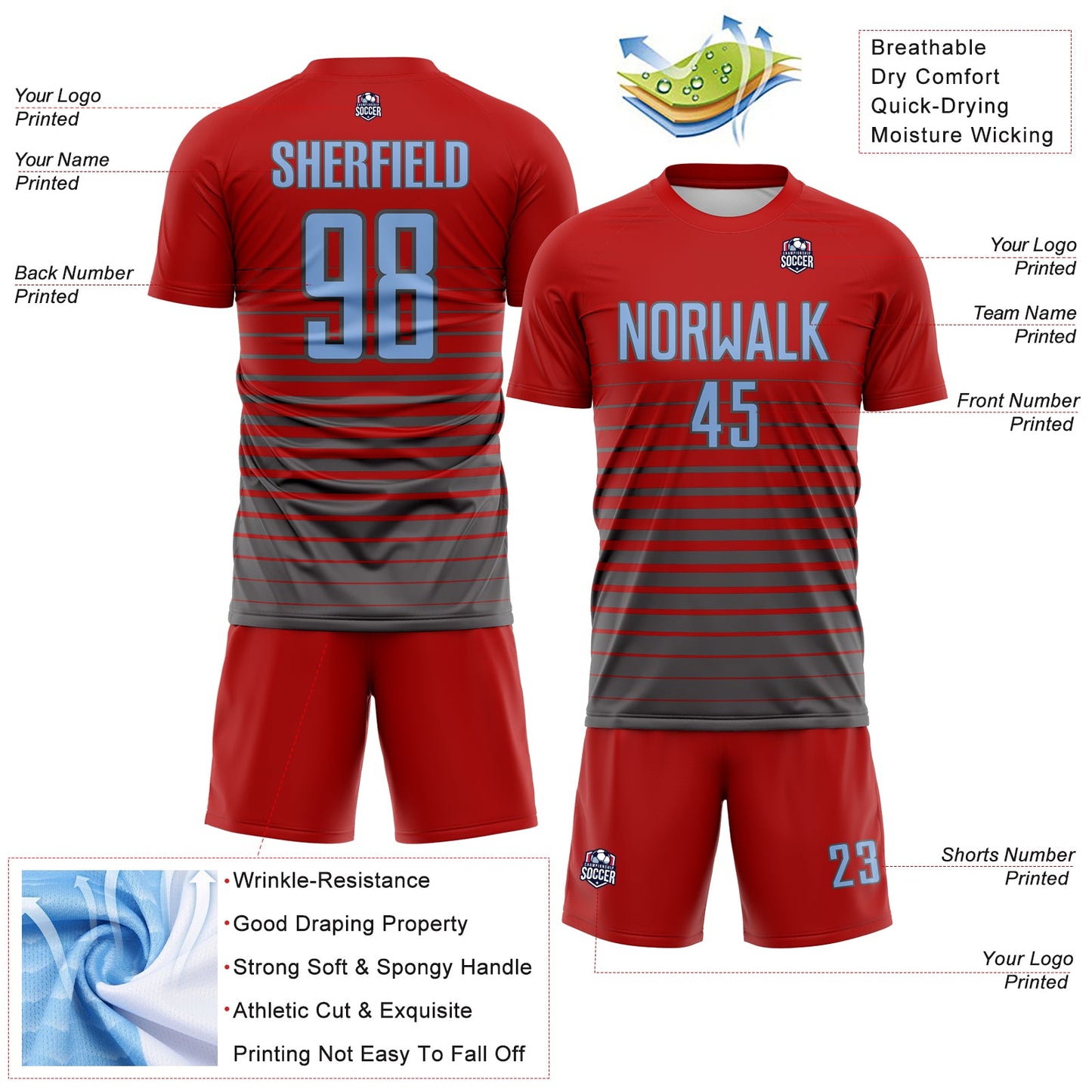 Custom Red Light Blue-Steel Gray Gradient Pinstripe Sublimation Soccer Uniform Jersey view 4
