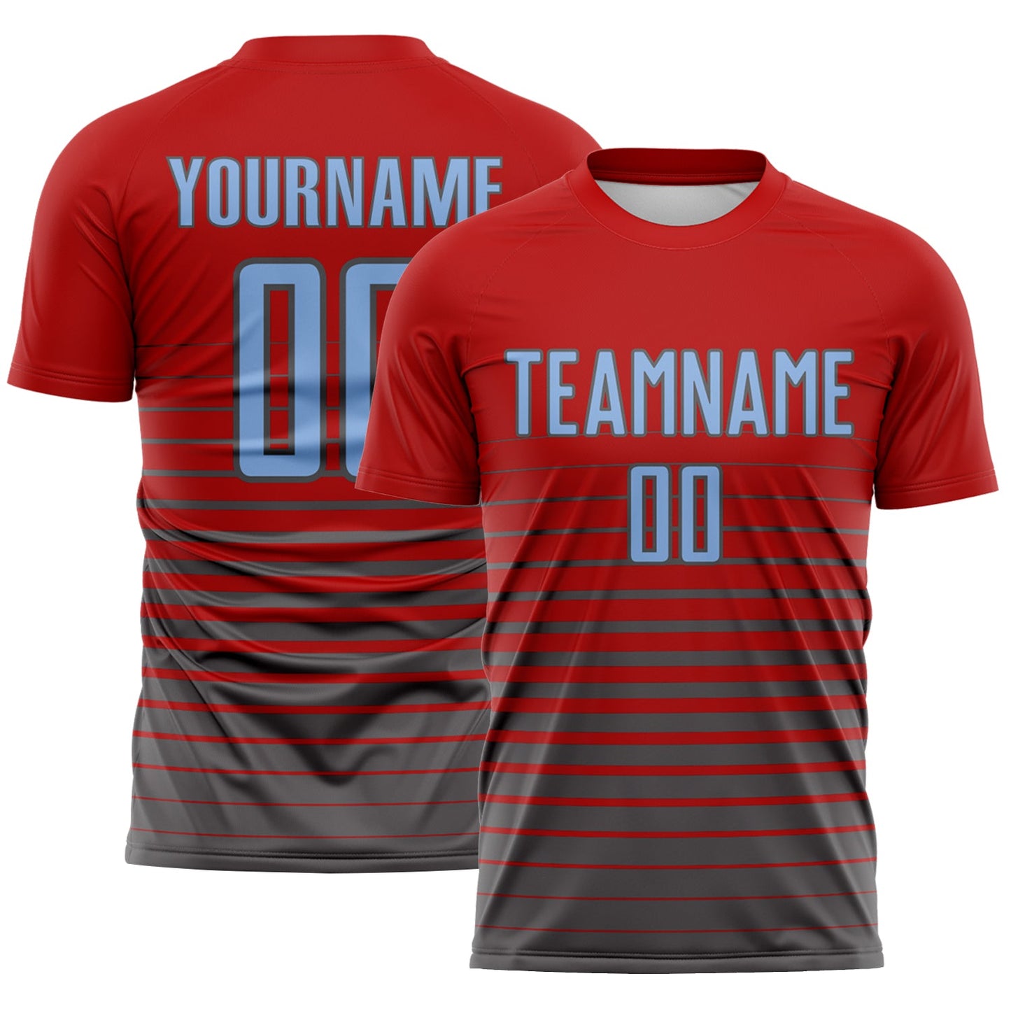 Custom Red Light Blue-Steel Gray Gradient Pinstripe Sublimation Soccer Uniform Jersey - Main View