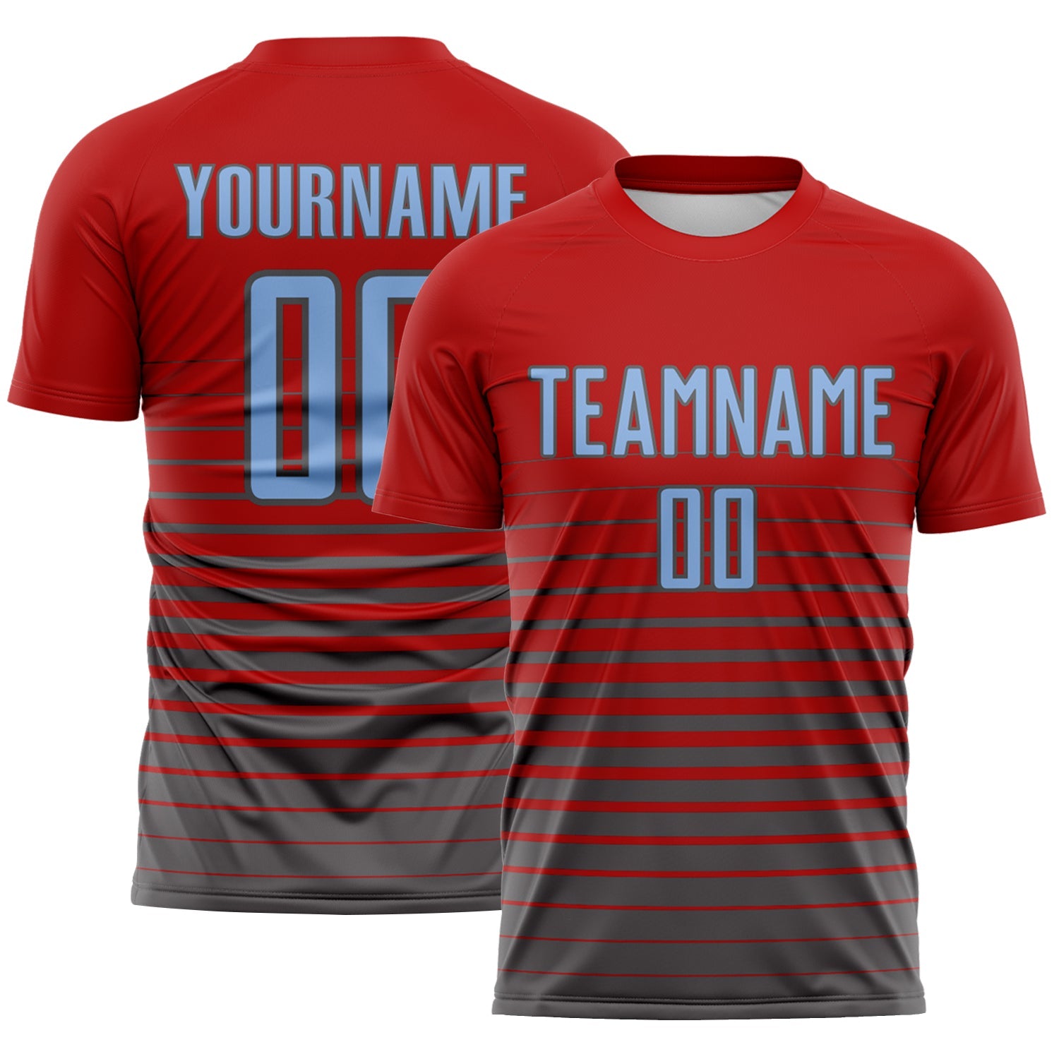 Custom Red Light Blue-Steel Gray Gradient Pinstripe Sublimation Soccer Uniform Jersey - Main View