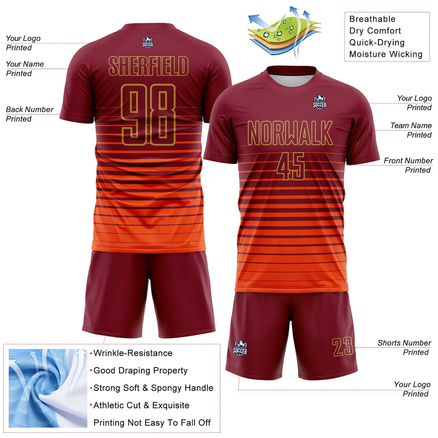 Custom Crimson Old Gold Gradient Pinstripe Sublimation Soccer Uniform Jersey view 4