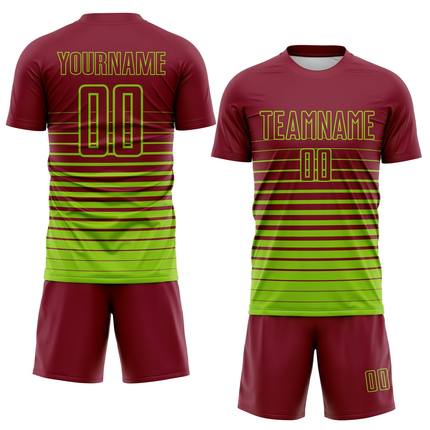 Custom Crimson Neon Green Gradient Pinstripe Sublimation Soccer Uniform Jersey view 2